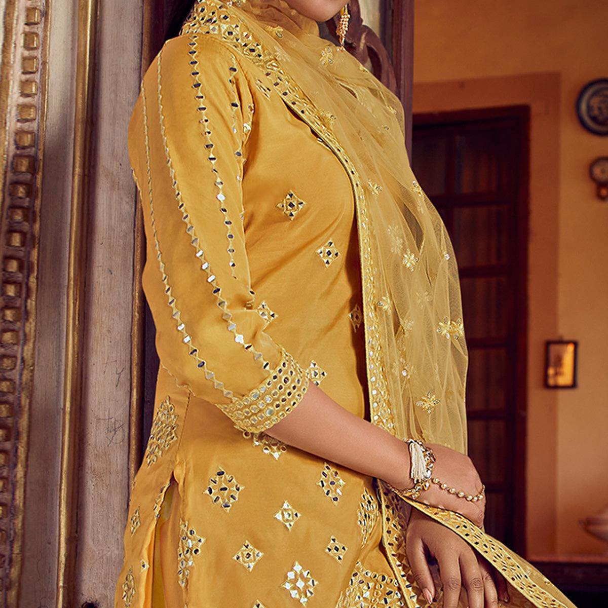 Radiant Mustard Yellow Coloured Partywear Thread Foil Mirror Work Organza Pallazo Suit - Peachmode