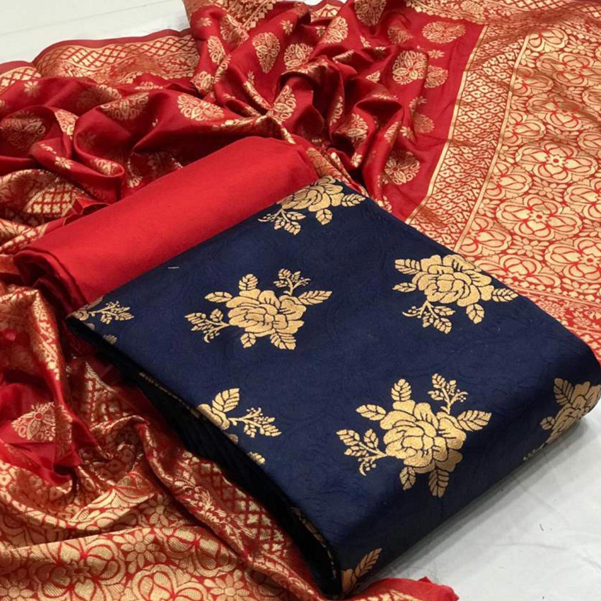 Radiant Navy Blue Colored Casual Wear Banarasi Silk Dress Material - Peachmode