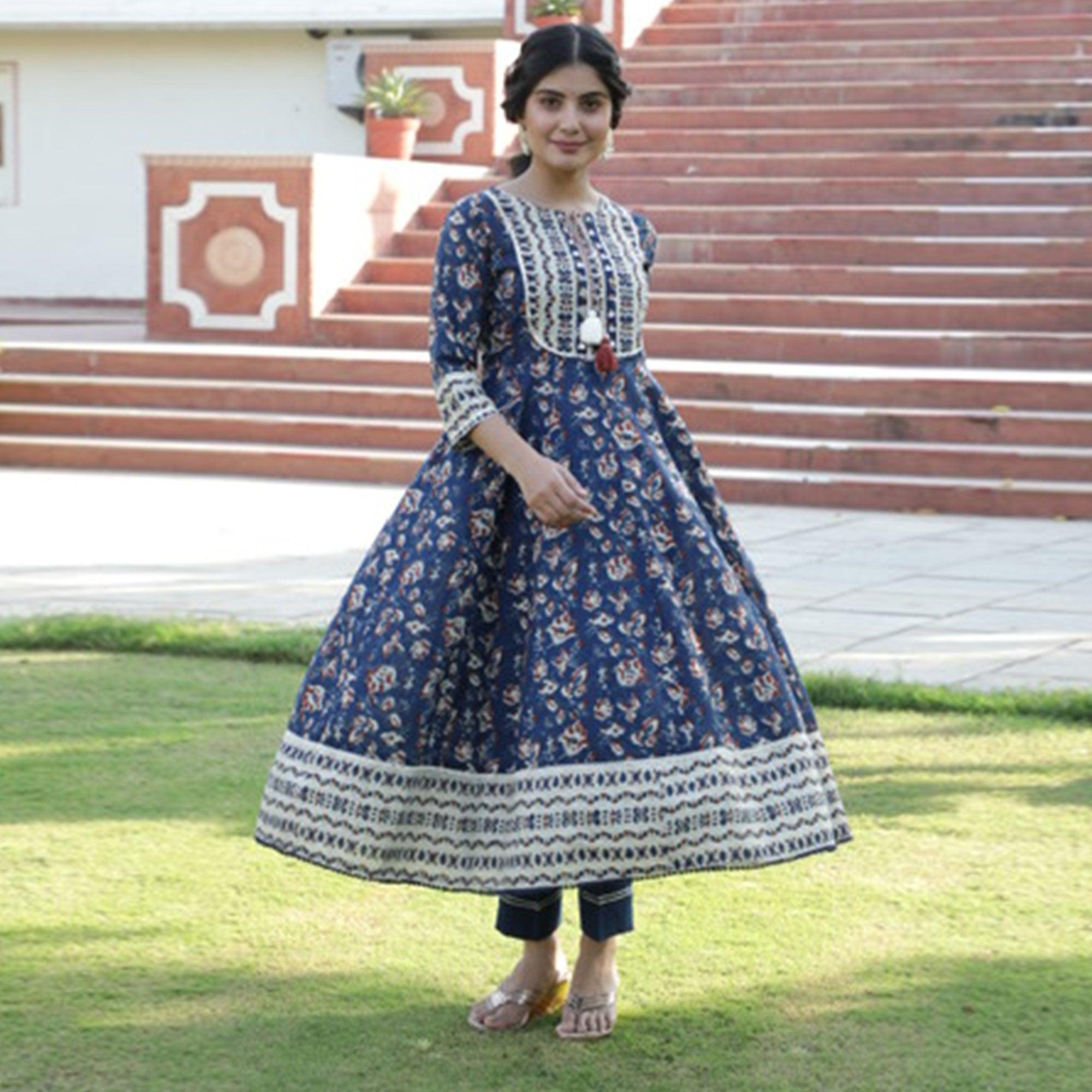 Radiant Navy Blue Colored Casual Wear Printed Cotton Anarkali Kurti Pant Set With Dupatta - Peachmode
