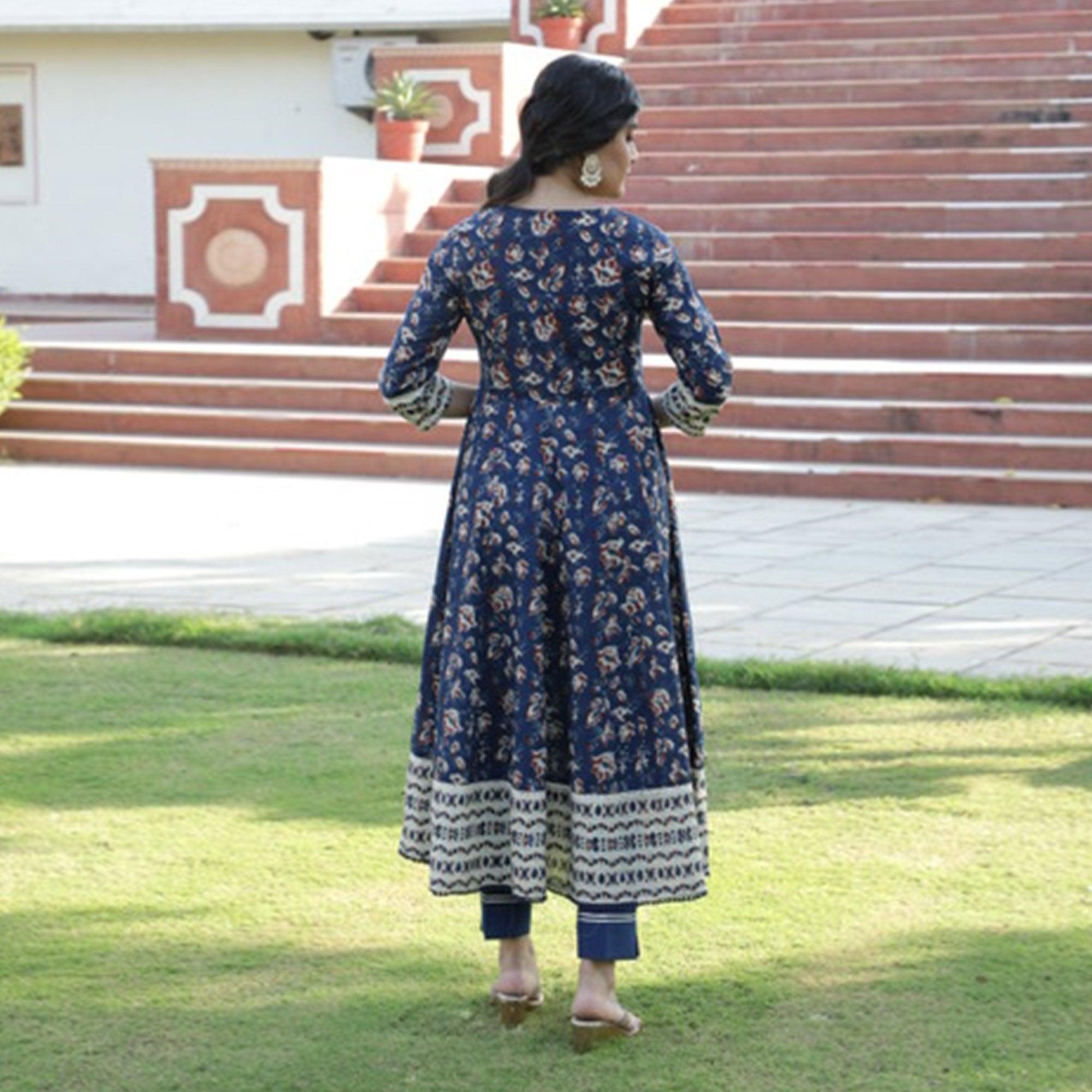 Radiant Navy Blue Colored Casual Wear Printed Cotton Anarkali Kurti Pant Set With Dupatta - Peachmode
