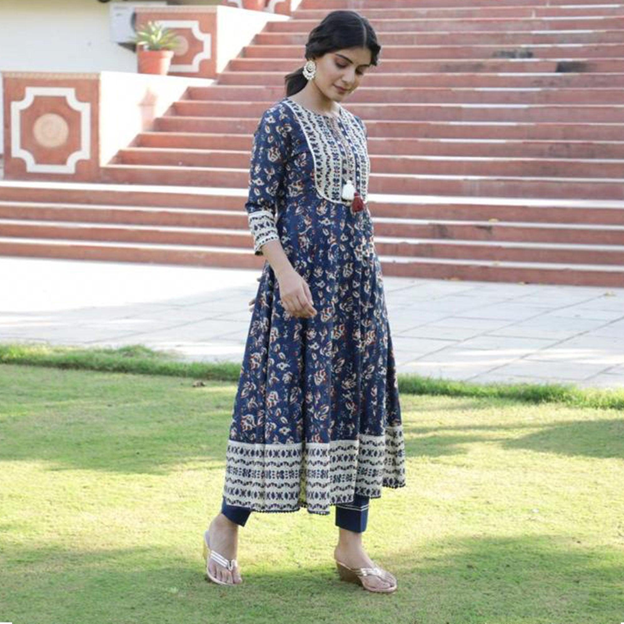 Radiant Navy Blue Colored Casual Wear Printed Cotton Anarkali Kurti Pant Set With Dupatta - Peachmode