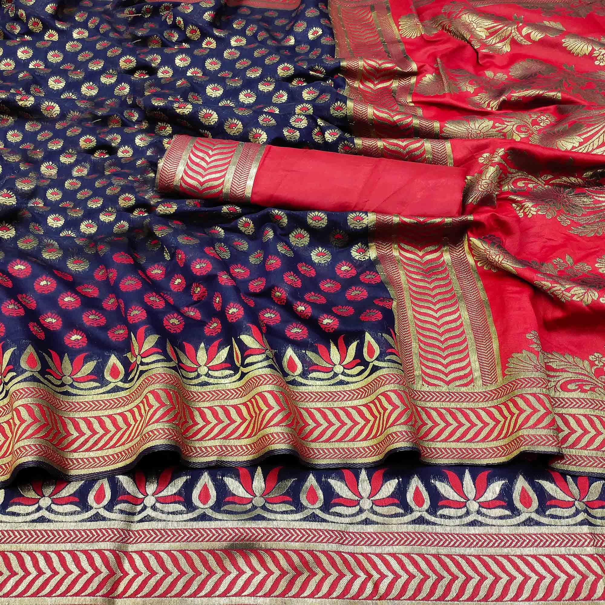 Radiant Navy Blue Colored Festive Wear Woven Banarasi Silk Saree - Peachmode