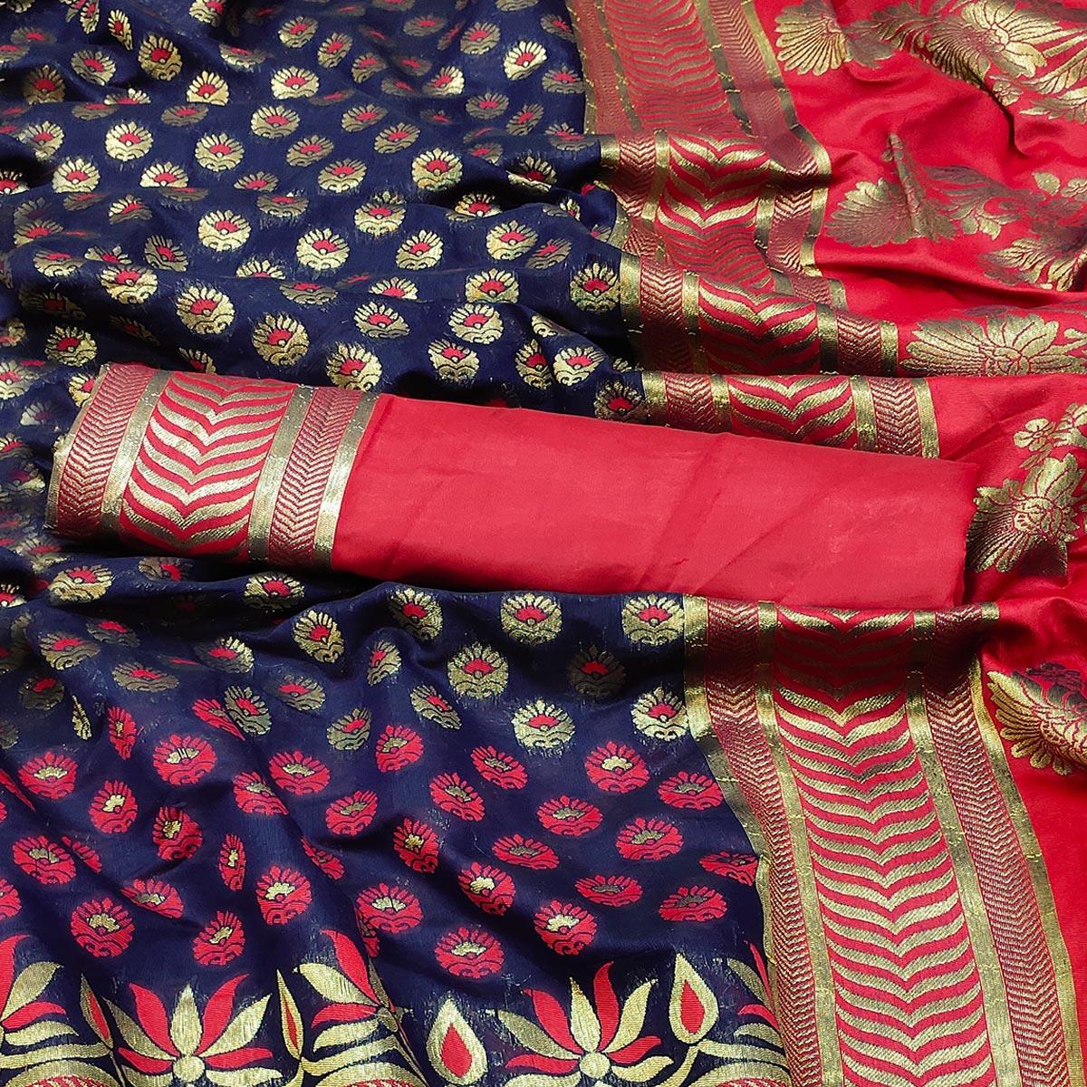 Radiant Navy Blue Colored Festive Wear Woven Banarasi Silk Saree - Peachmode