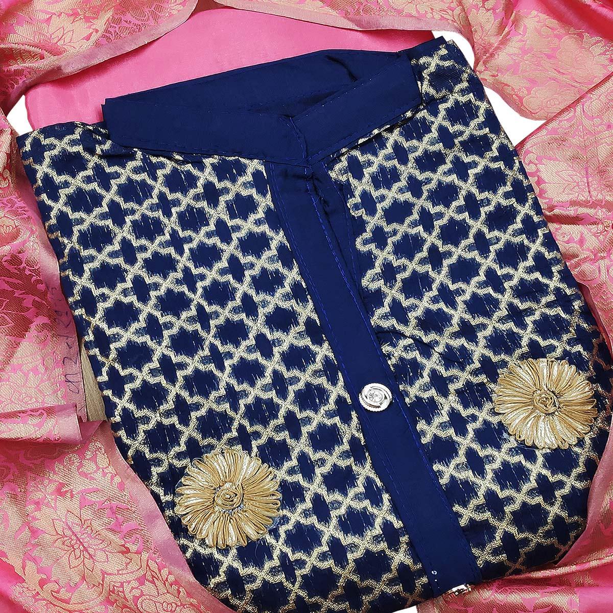 Radiant Navy Blue Colored Festive Wear Woven Heavy Banarasi Silk Dress Material - Peachmode