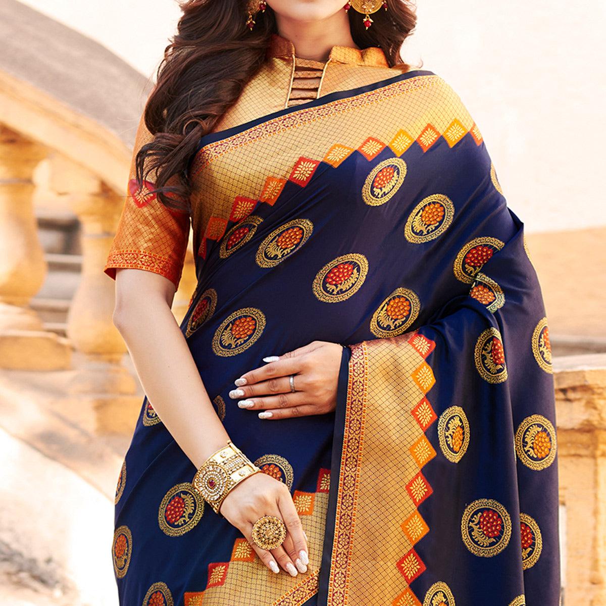 Radiant Navy Blue Colored Festive Wear Woven Heavy Banarasi Silk Saree - Peachmode