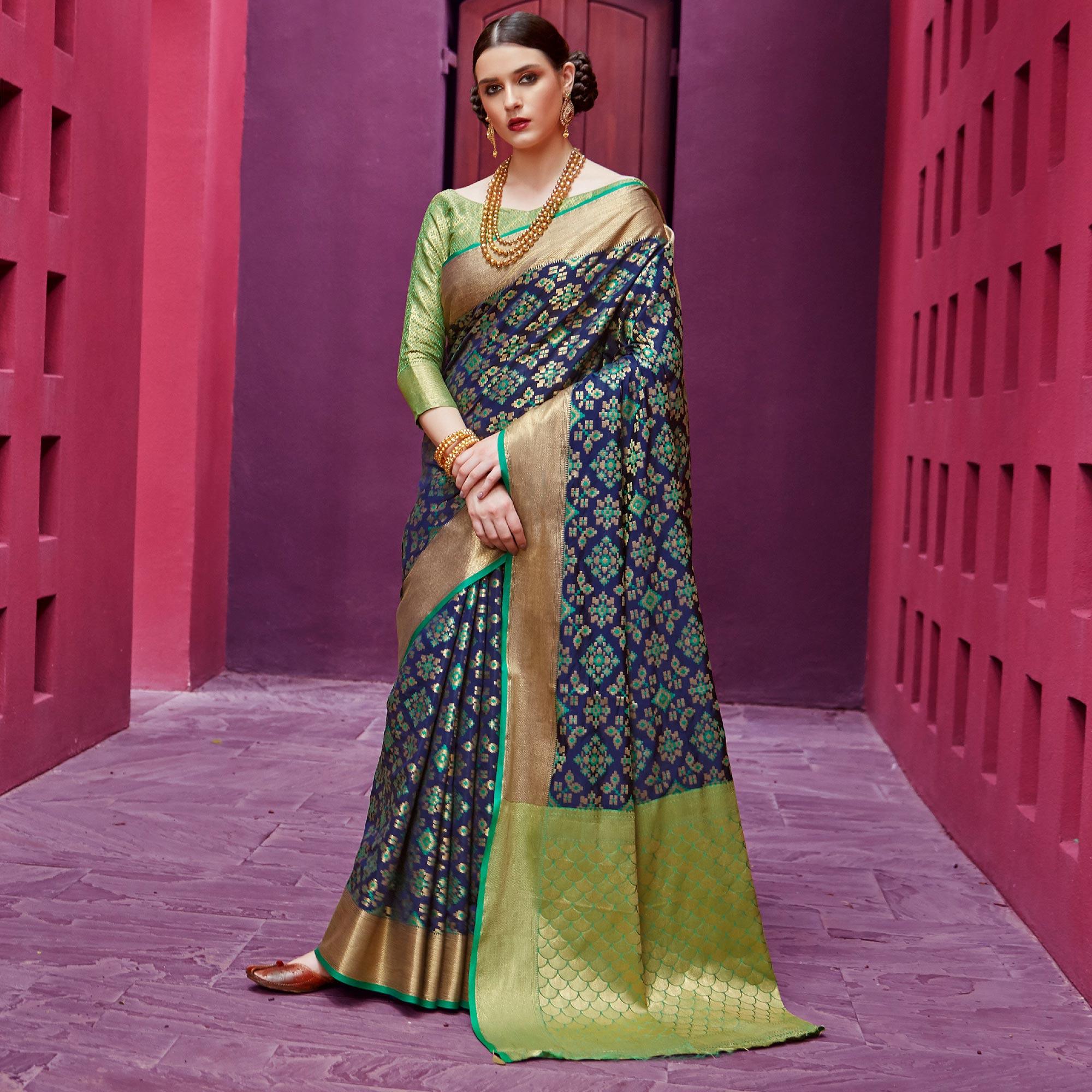 Radiant Navy Blue Colored Festive Wear Woven Indian Patola Silk Saree - Peachmode