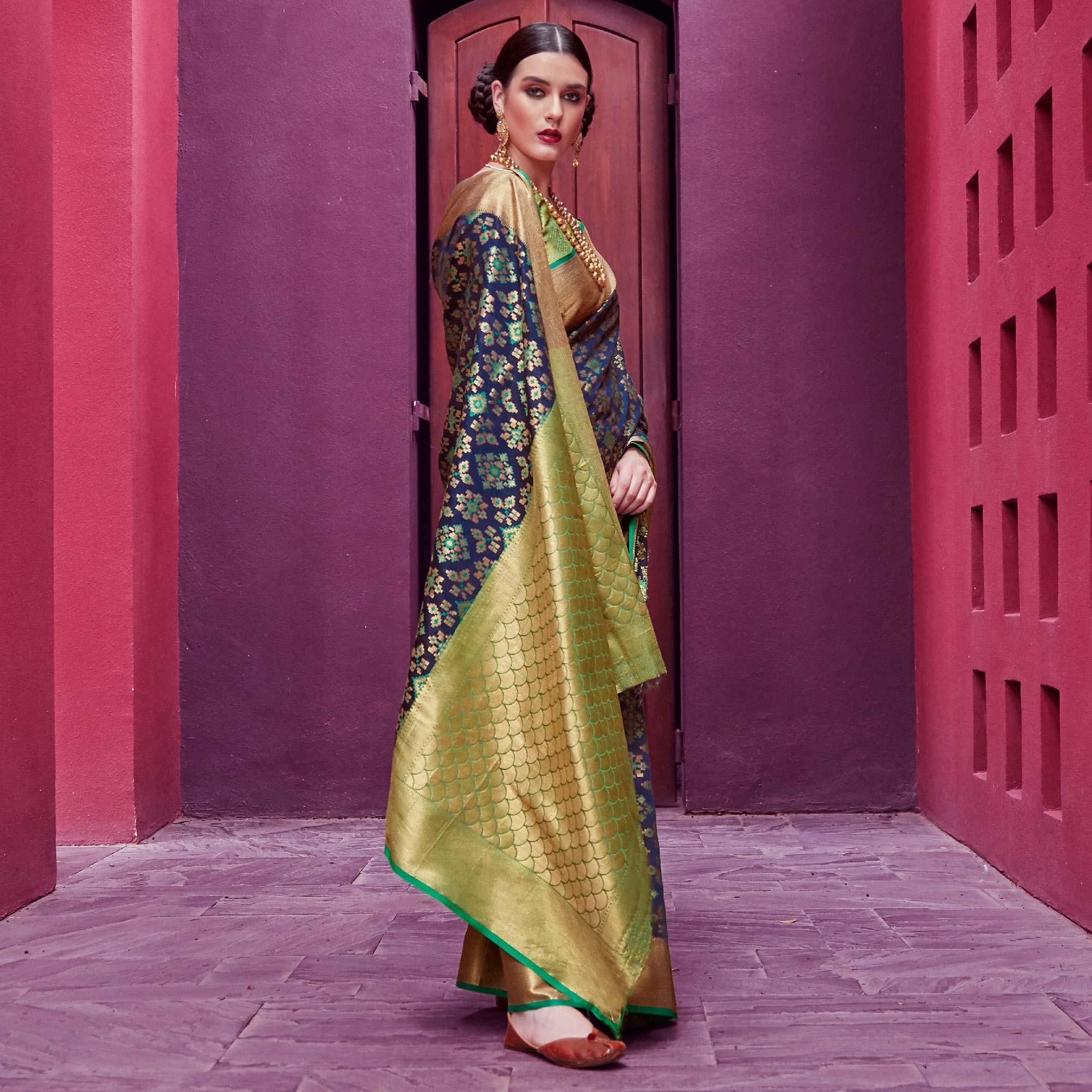 Radiant Navy Blue Colored Festive Wear Woven Indian Patola Silk Saree - Peachmode