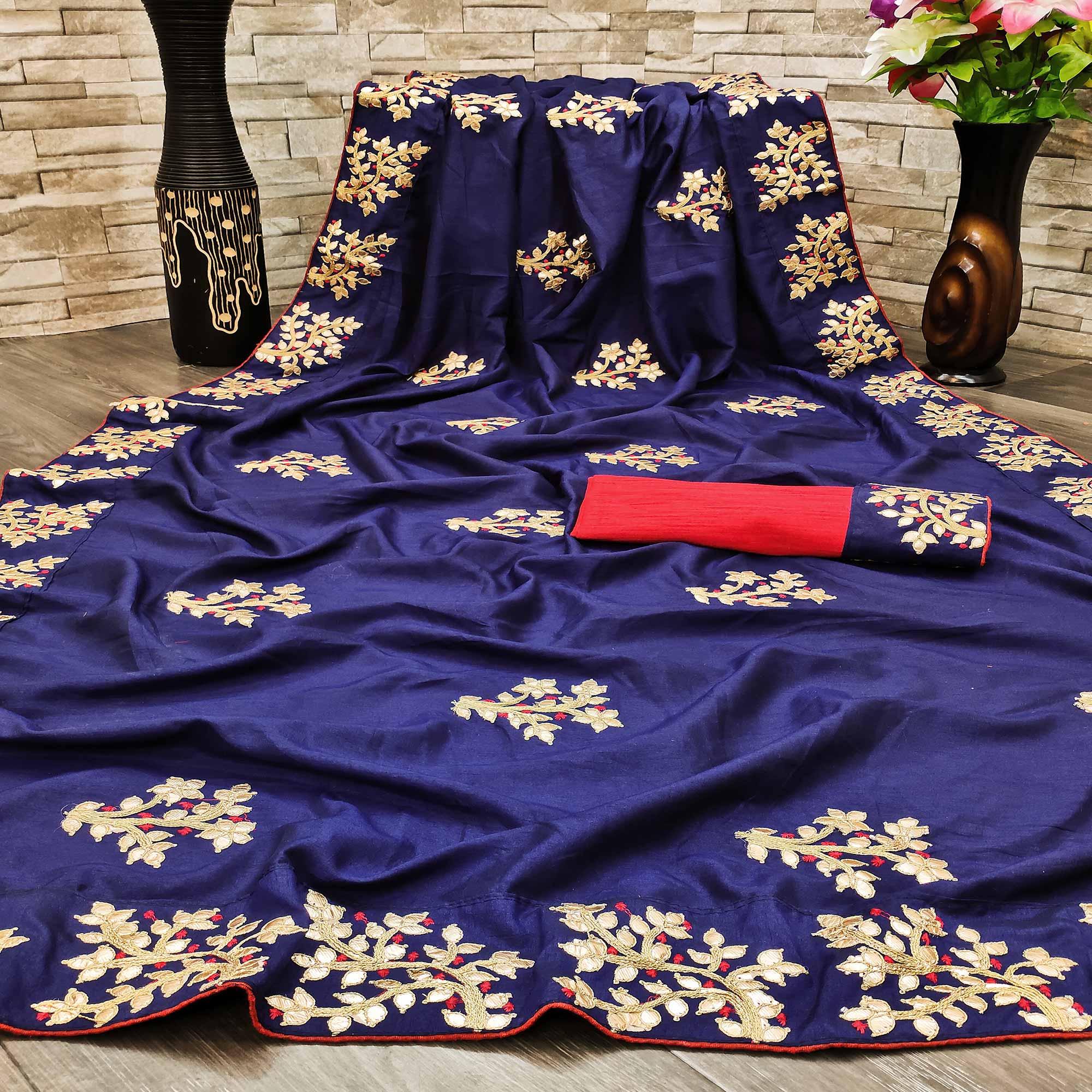 Radiant Navy Blue Colored Festive Wear Woven Vichitra Silk Saree - Peachmode