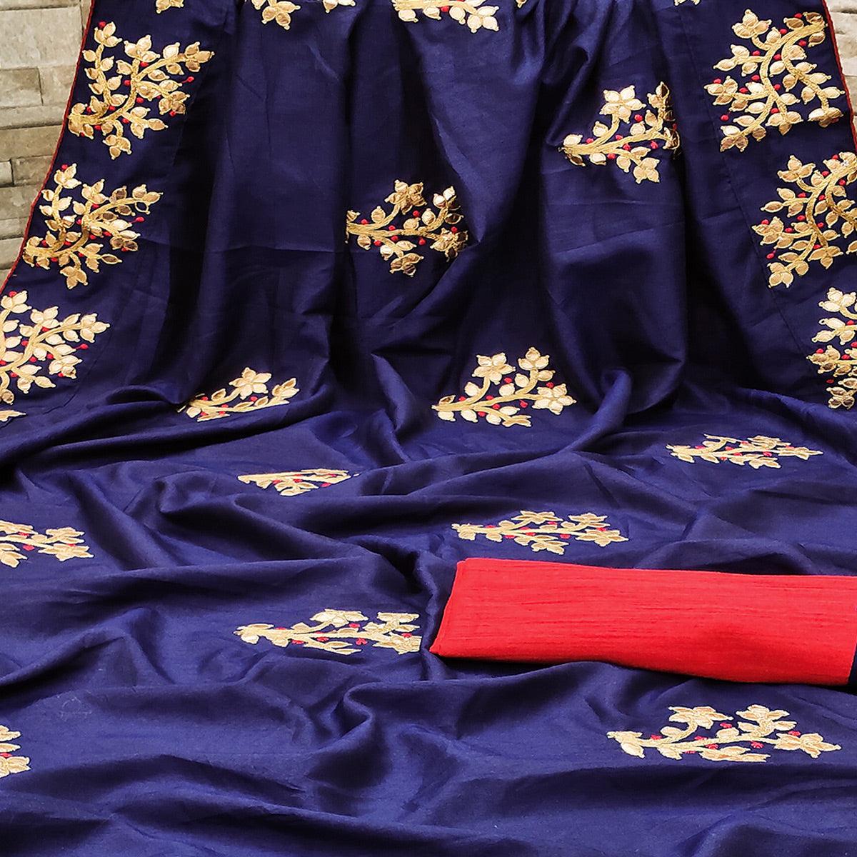 Radiant Navy Blue Colored Festive Wear Woven Vichitra Silk Saree - Peachmode