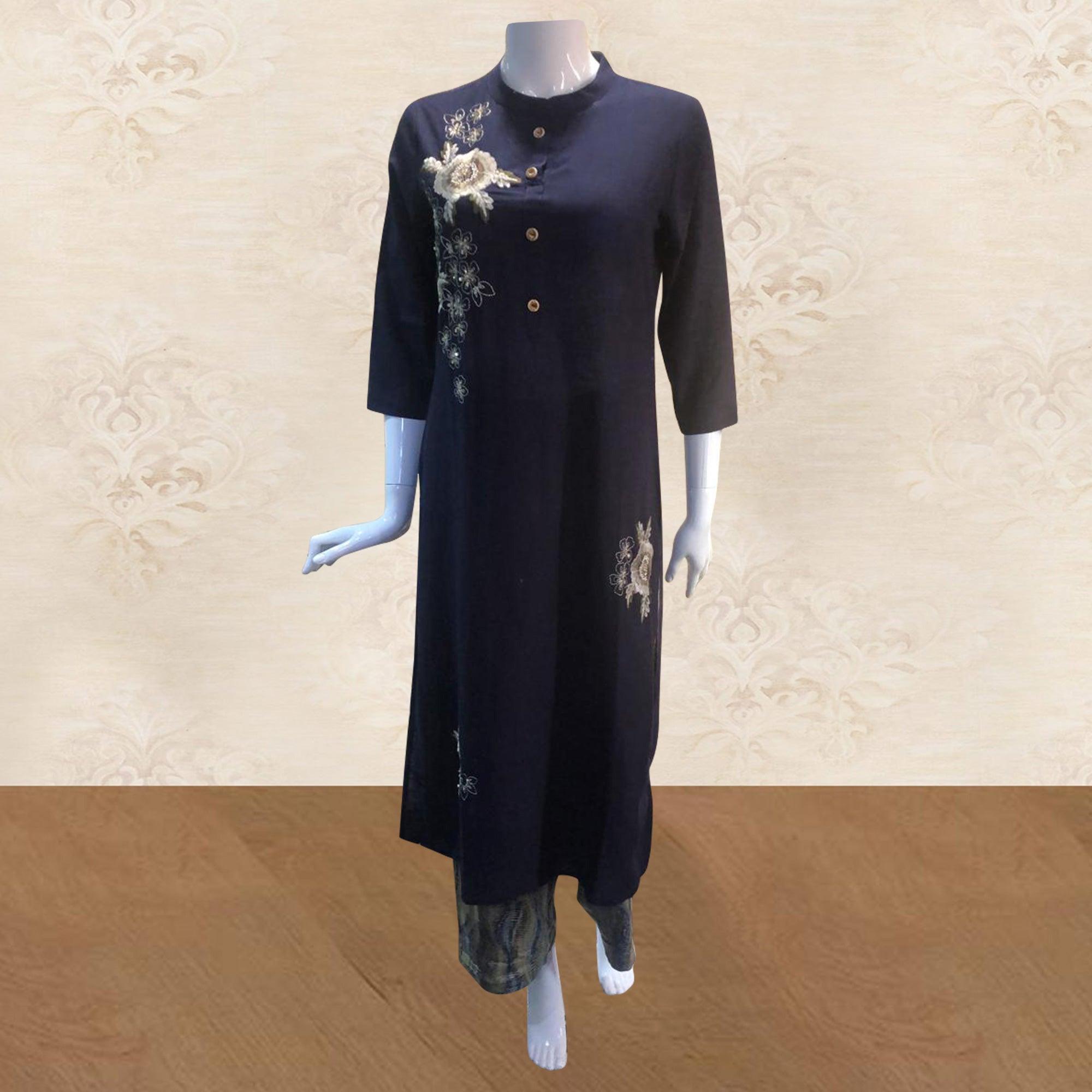 Radiant Navy Blue Colored Partywear Embroidered Cotton Kurti-Palazzo Set - Peachmode