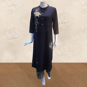 Radiant Navy Blue Colored Partywear Embroidered Cotton Kurti-Palazzo Set - Peachmode
