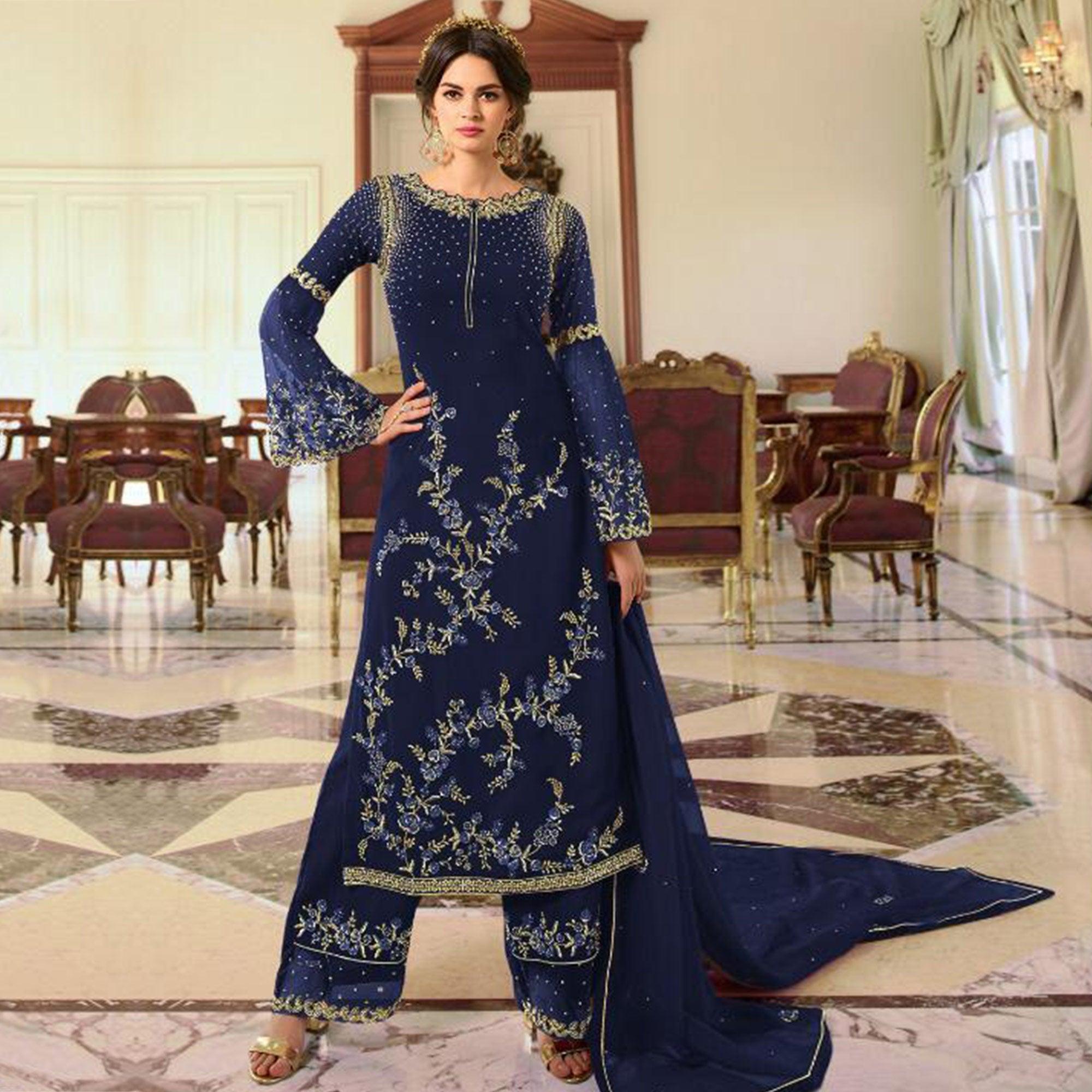 Radiant Navy Blue Colored Partywear Embroidered Georgette Palazzo Suit - Peachmode