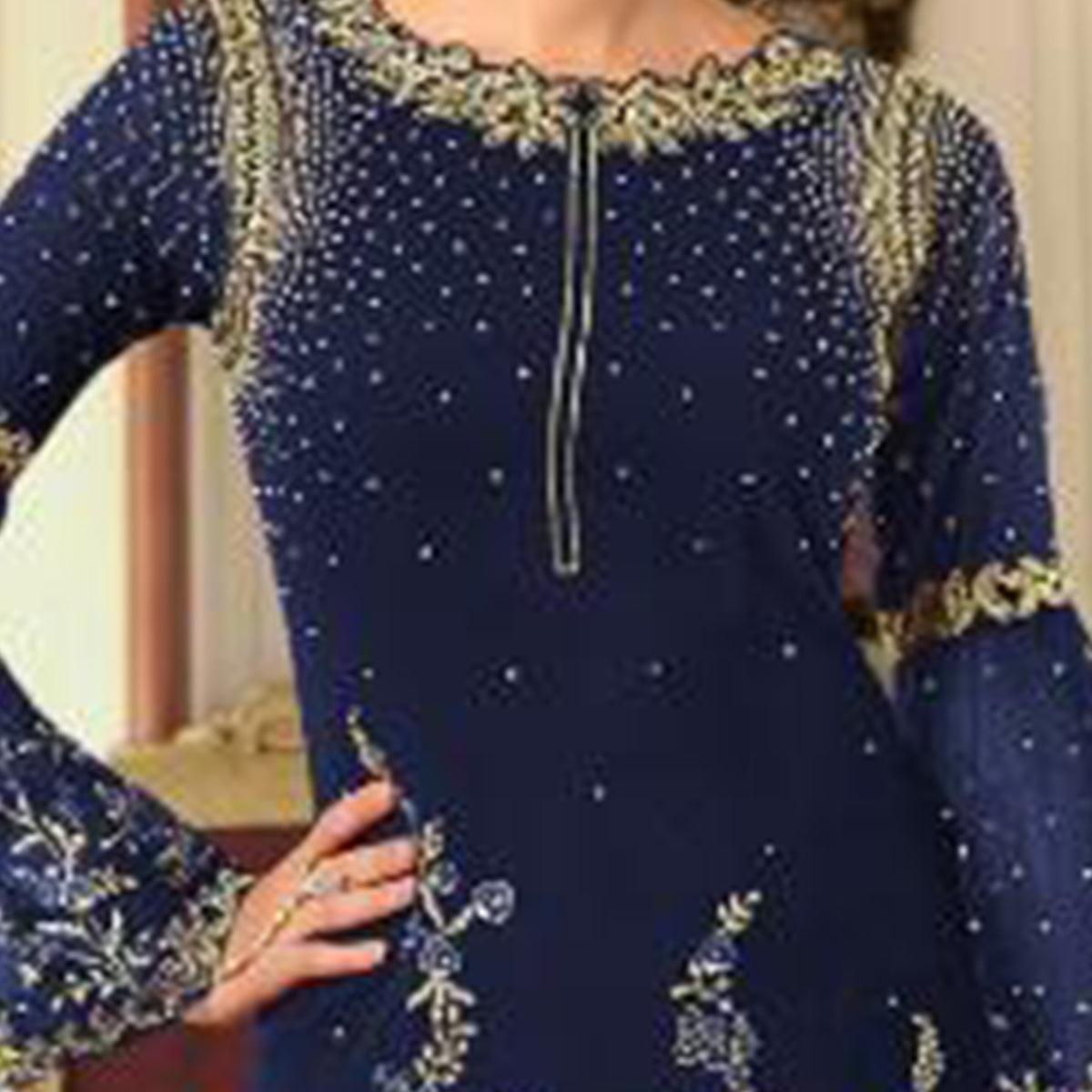 Radiant Navy Blue Colored Partywear Embroidered Georgette Palazzo Suit - Peachmode