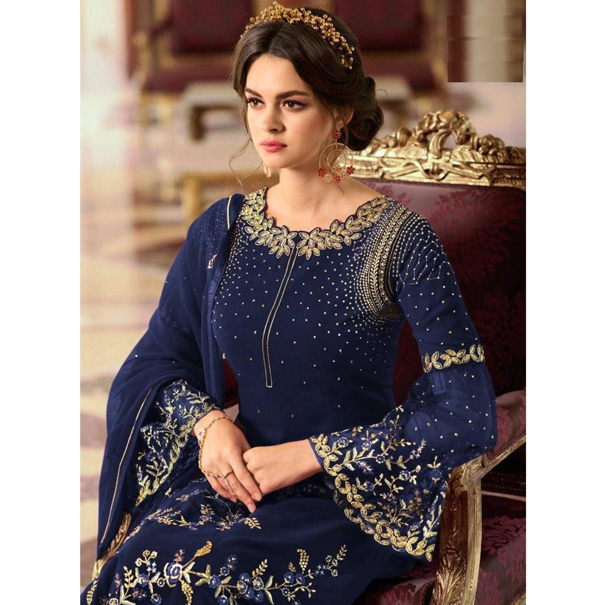 Radiant Navy Blue Colored Partywear Embroidered Georgette Palazzo Suit - Peachmode