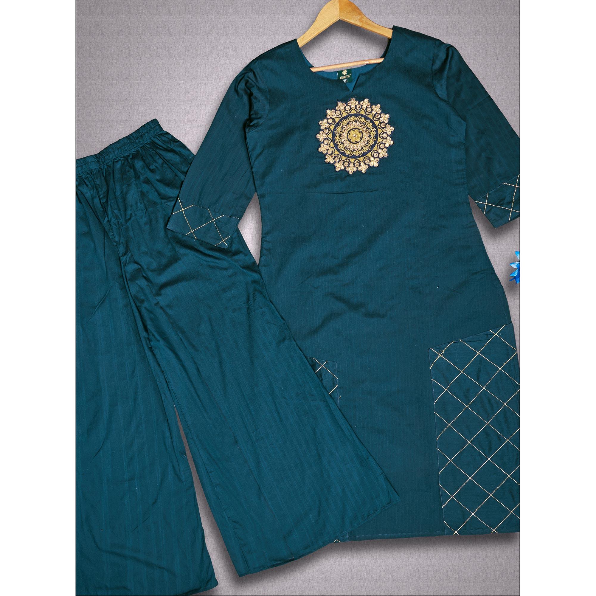 Radiant Navy Blue Colored Partywear Embroidered Pure Viscose Silk Kurti-Palazzo Set - Peachmode