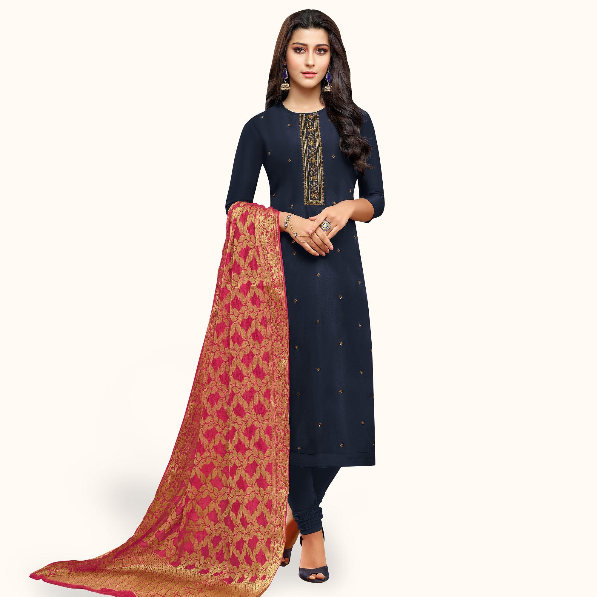 Radiant Navy Blue Colored Partywear Embroidered Silk Suit With Banarasi Dupatta - Peachmode