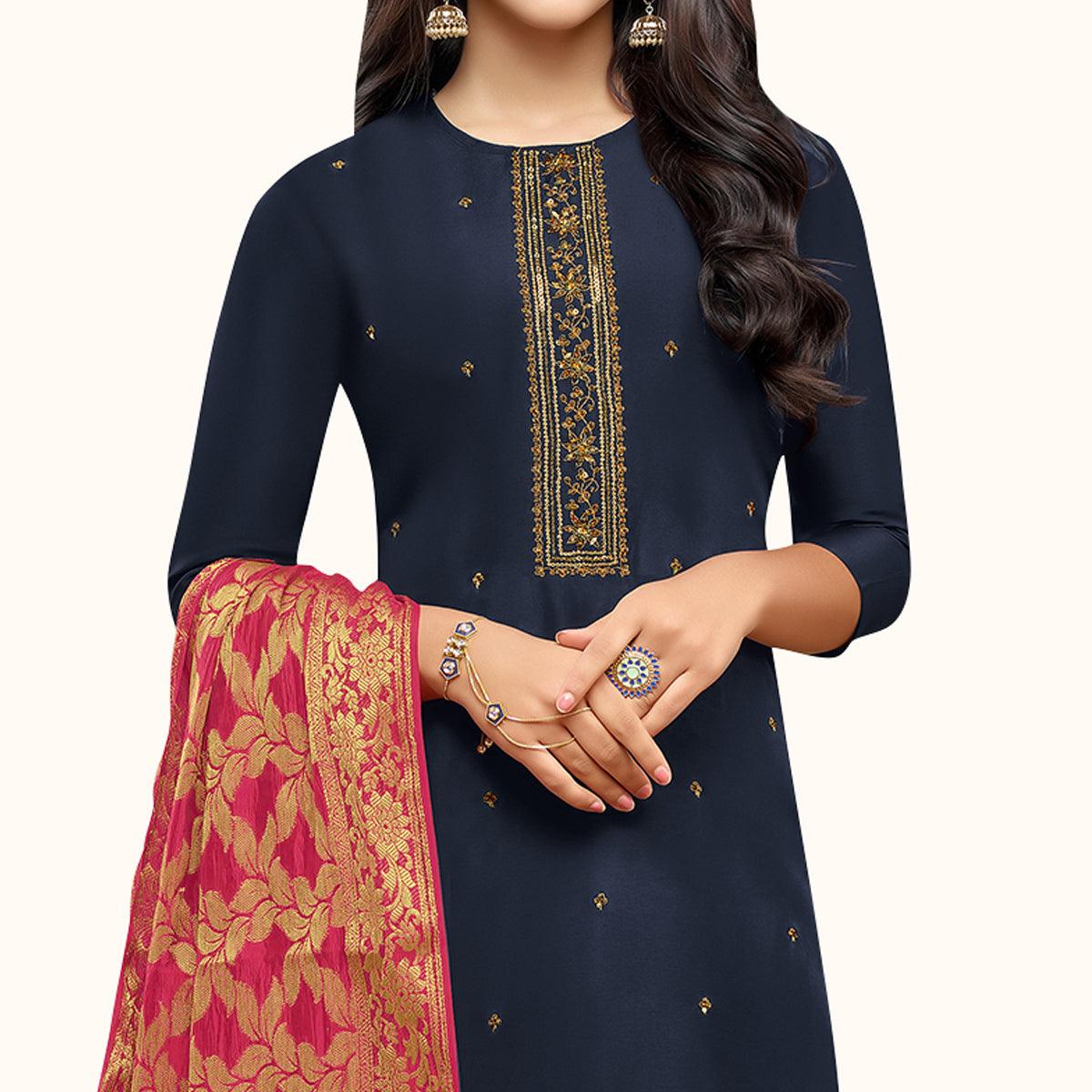 Radiant Navy Blue Colored Partywear Embroidered Silk Suit With Banarasi Dupatta - Peachmode