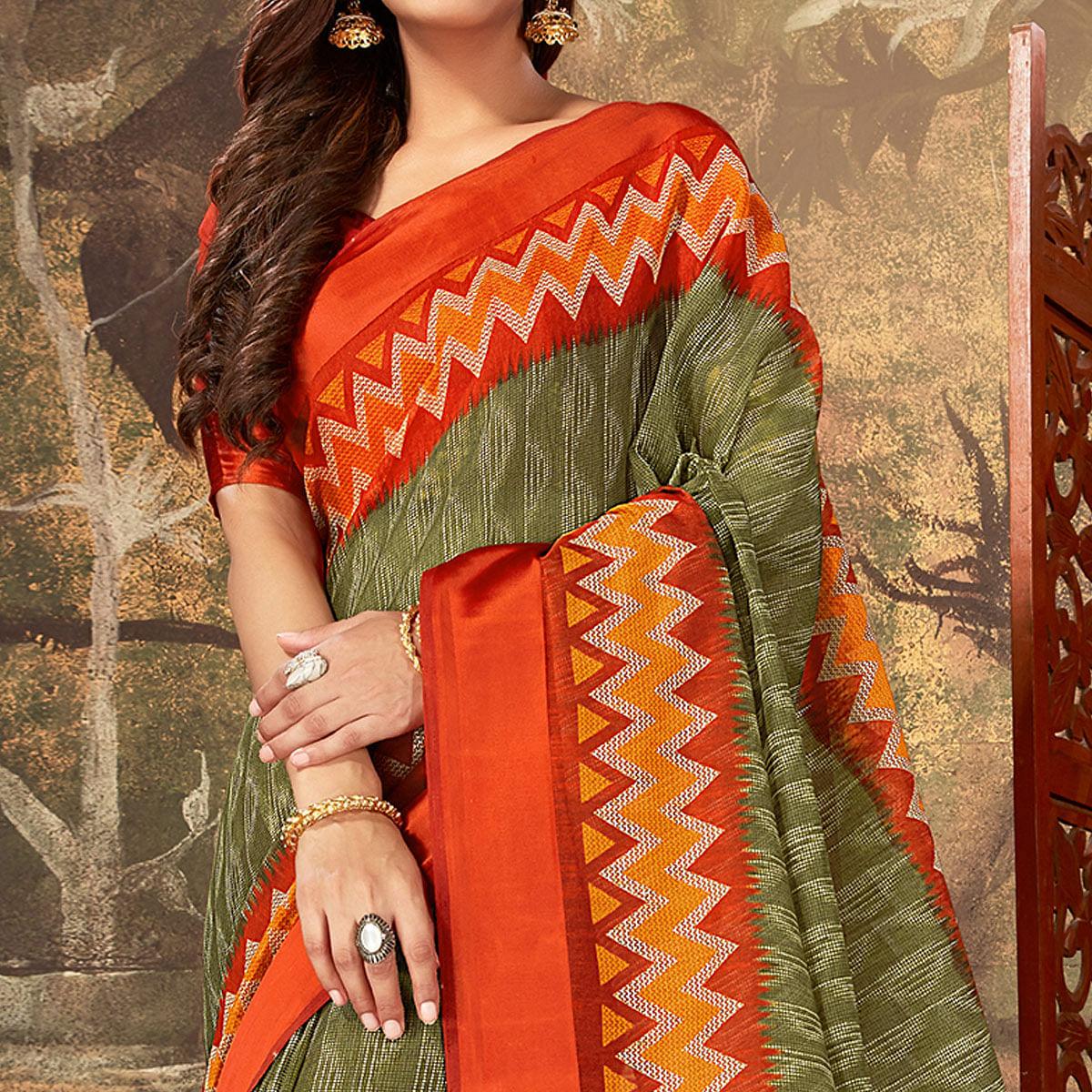 Radiant Olive Green Colored Casual Wear Geometric Printed Cotton Saree - Peachmode