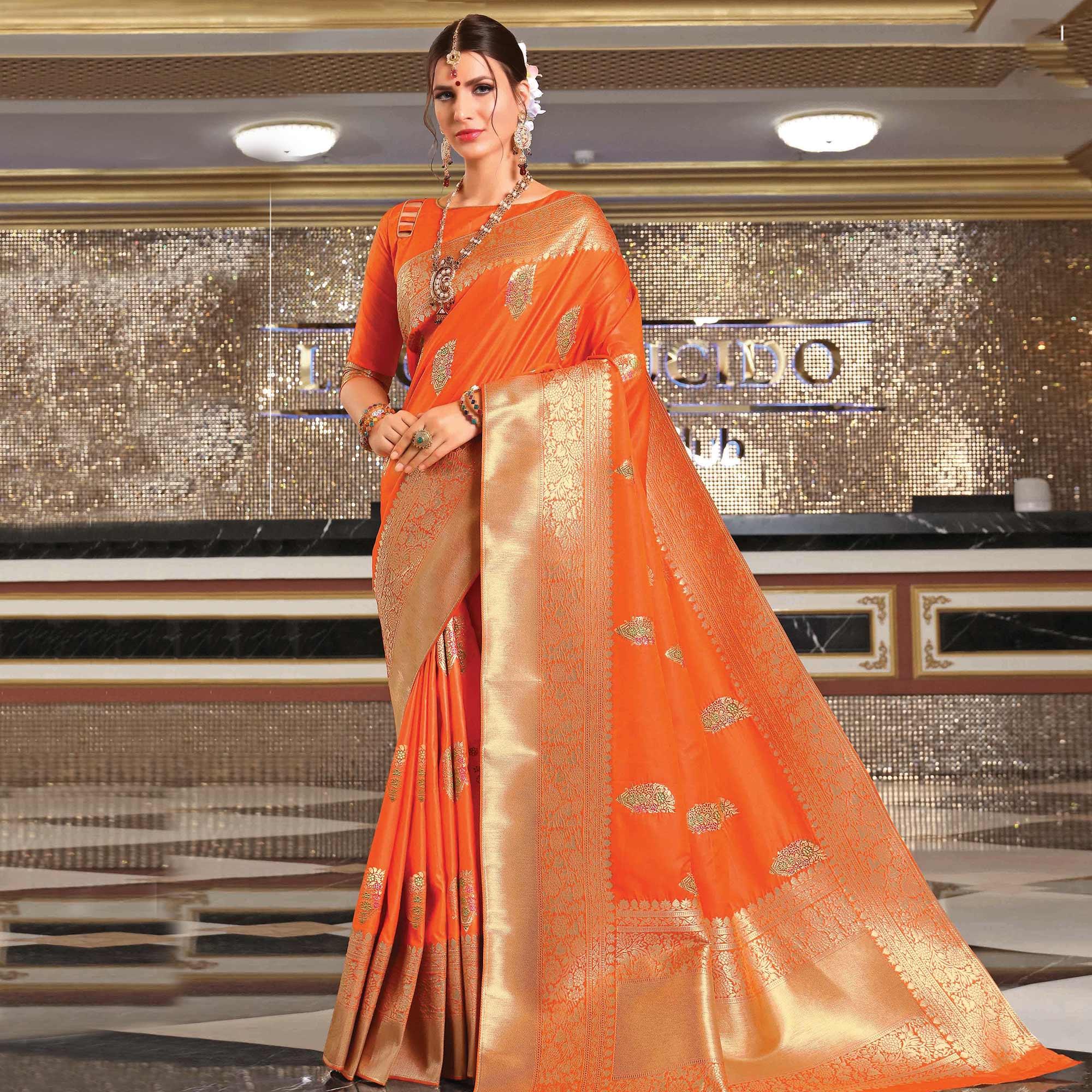 Radiant Orange Colored Festive Wear Woven Banarasi Silk Saree - Peachmode
