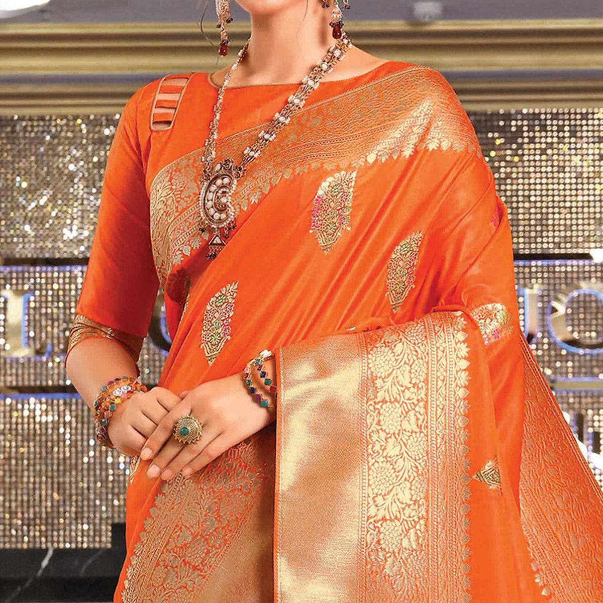 Radiant Orange Colored Festive Wear Woven Banarasi Silk Saree - Peachmode