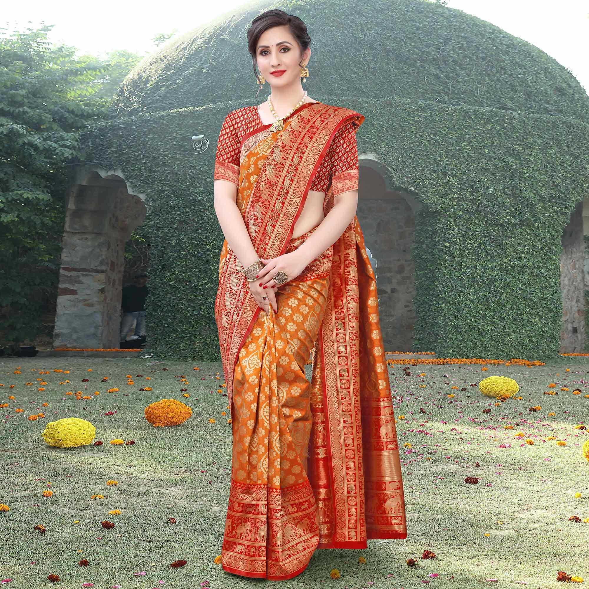 Radiant Orange Colored Festive Wear Woven Heavy Banarasi Silk Saree - Peachmode