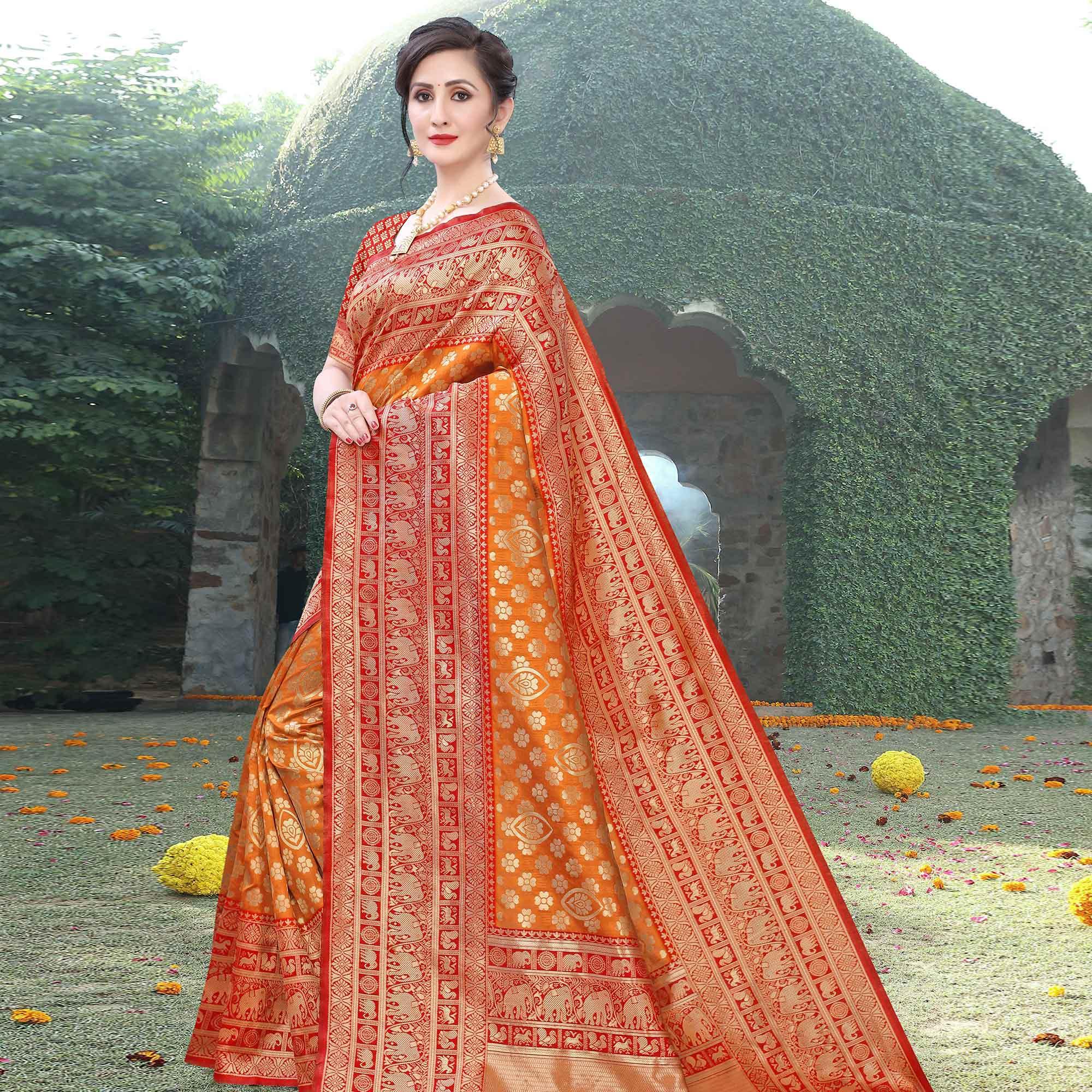 Radiant Orange Colored Festive Wear Woven Heavy Banarasi Silk Saree - Peachmode