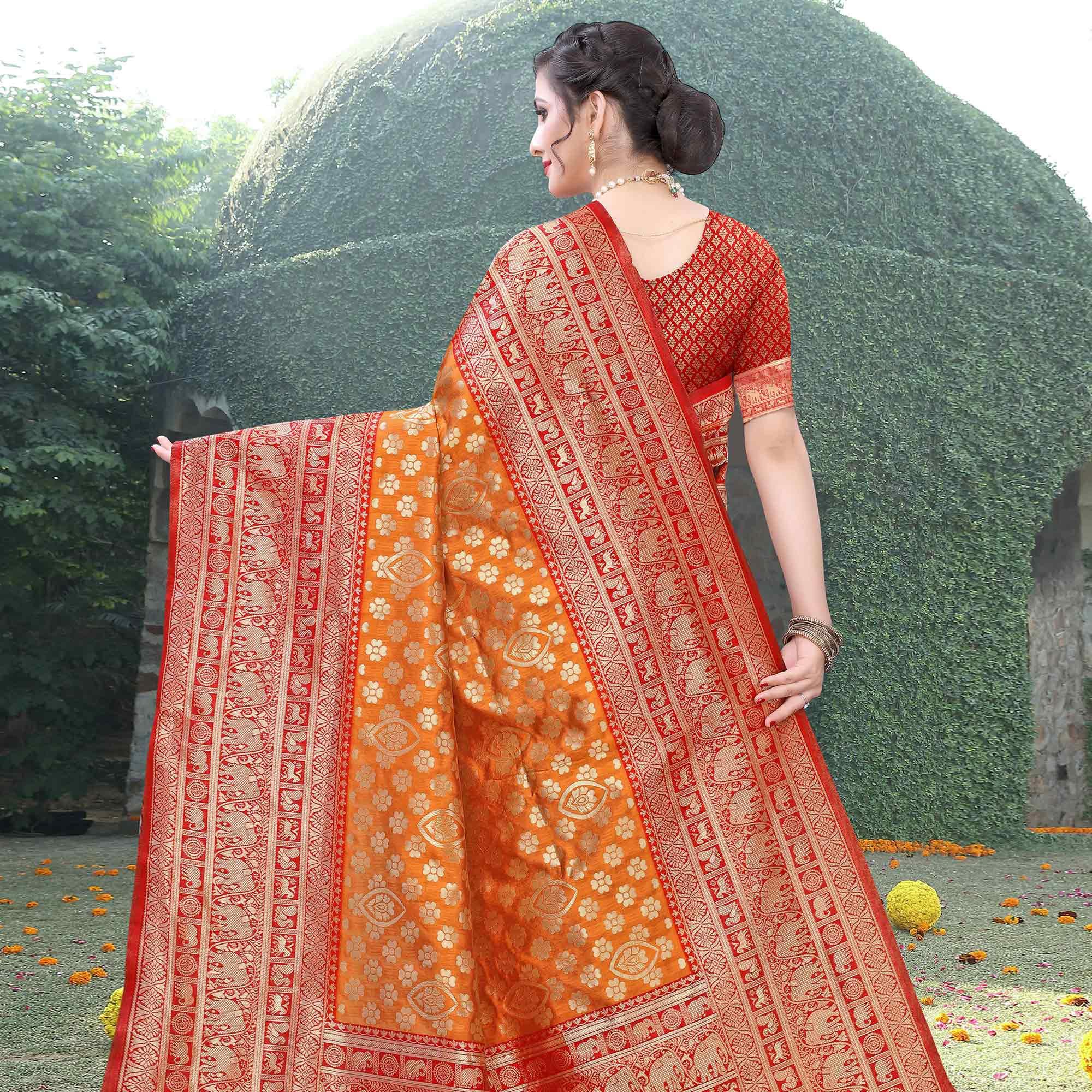 Radiant Orange Colored Festive Wear Woven Heavy Banarasi Silk Saree - Peachmode