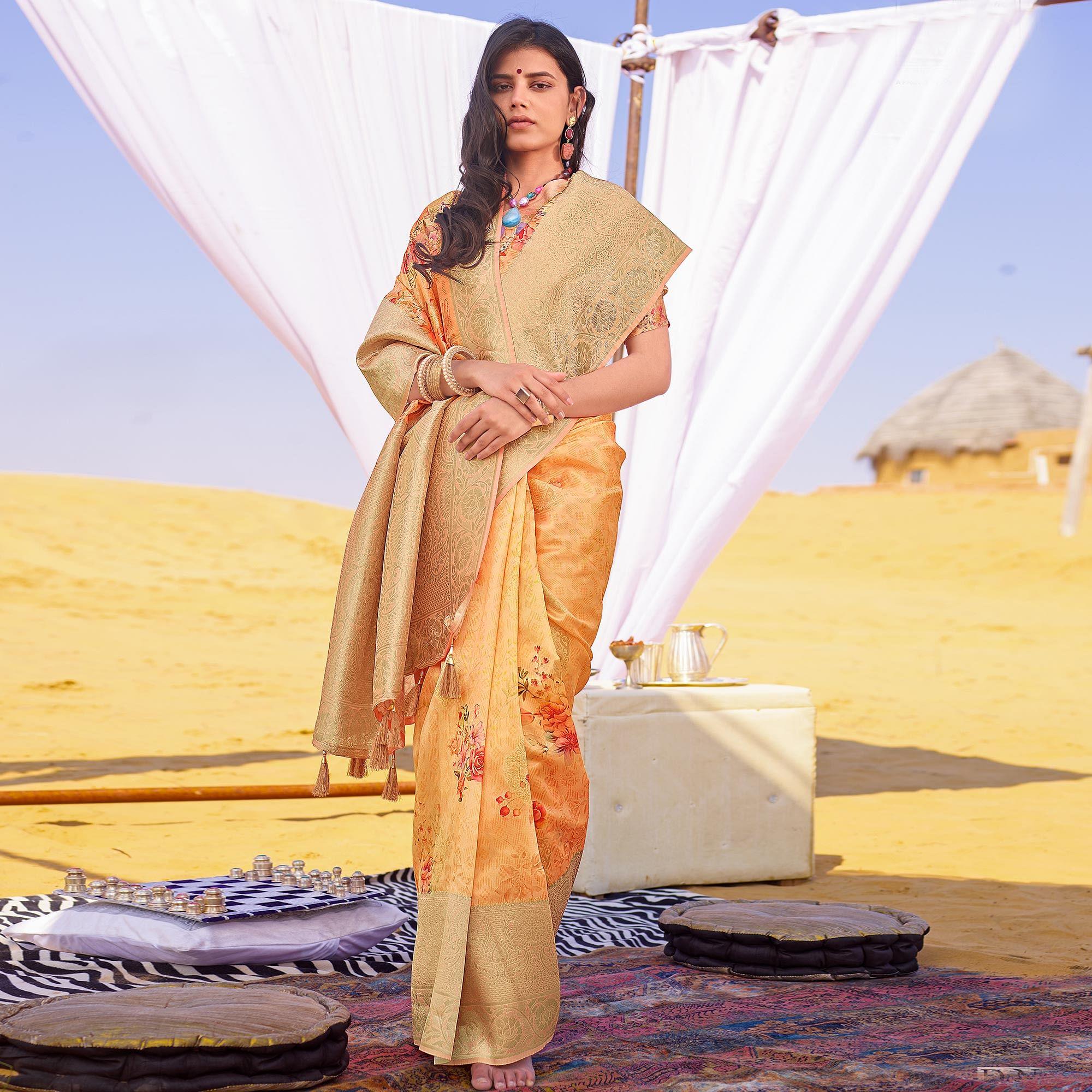 Radiant Orange Colored Festive Wear Woven Silk Saree - Peachmode