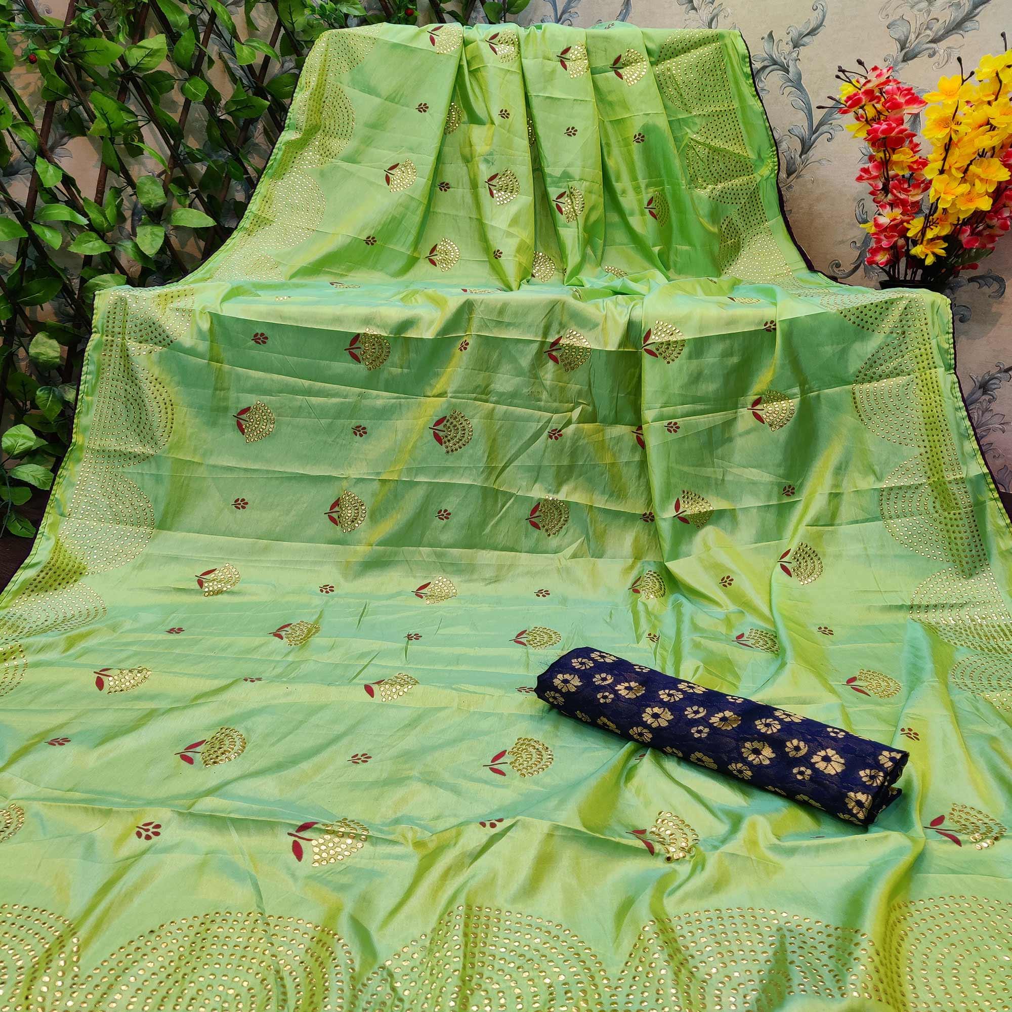 Radiant Parrot Green Colored Festive Wear Embellished Art Silk Saree - Peachmode
