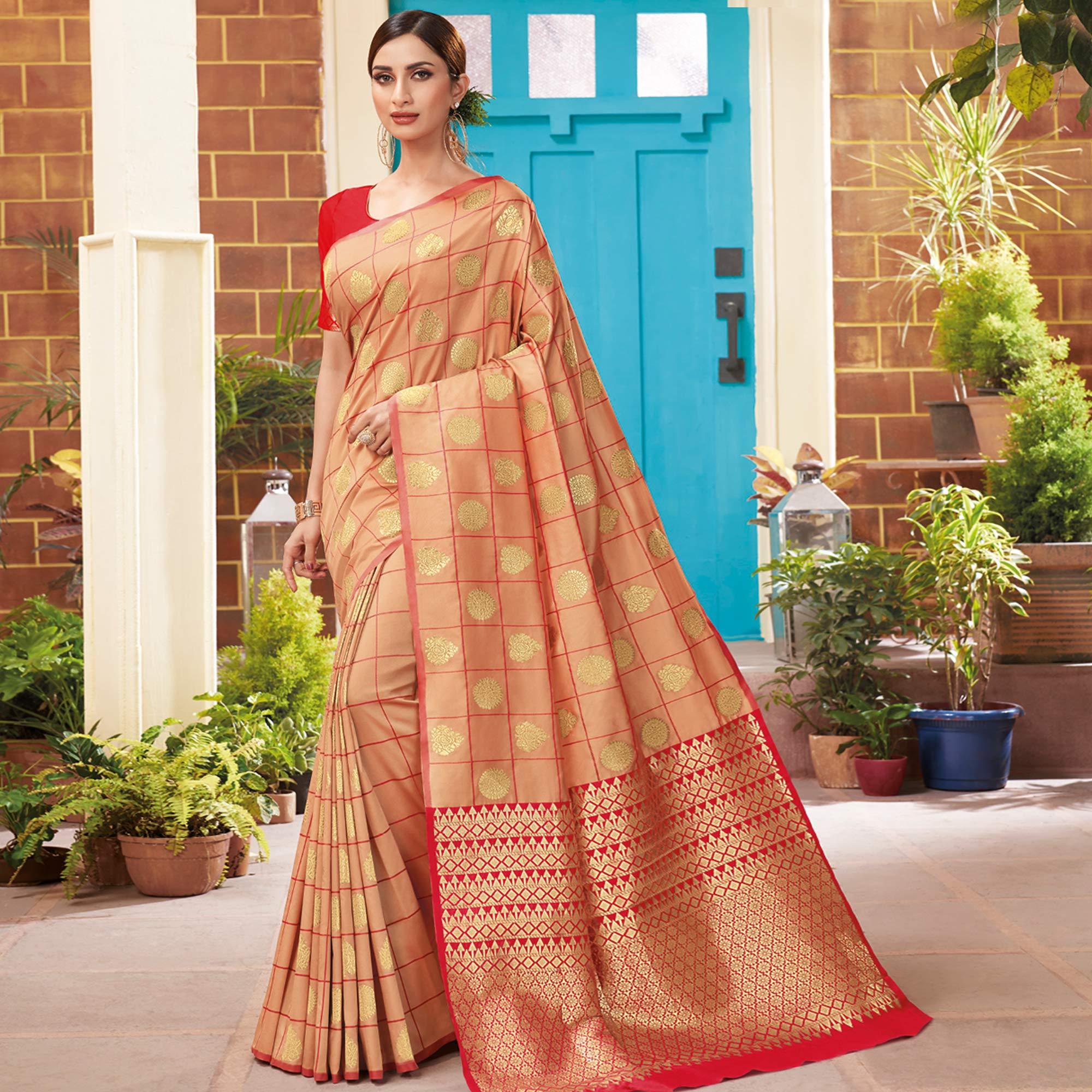 Radiant Peach Colored Festive Wear Woven Silk Saree - Peachmode