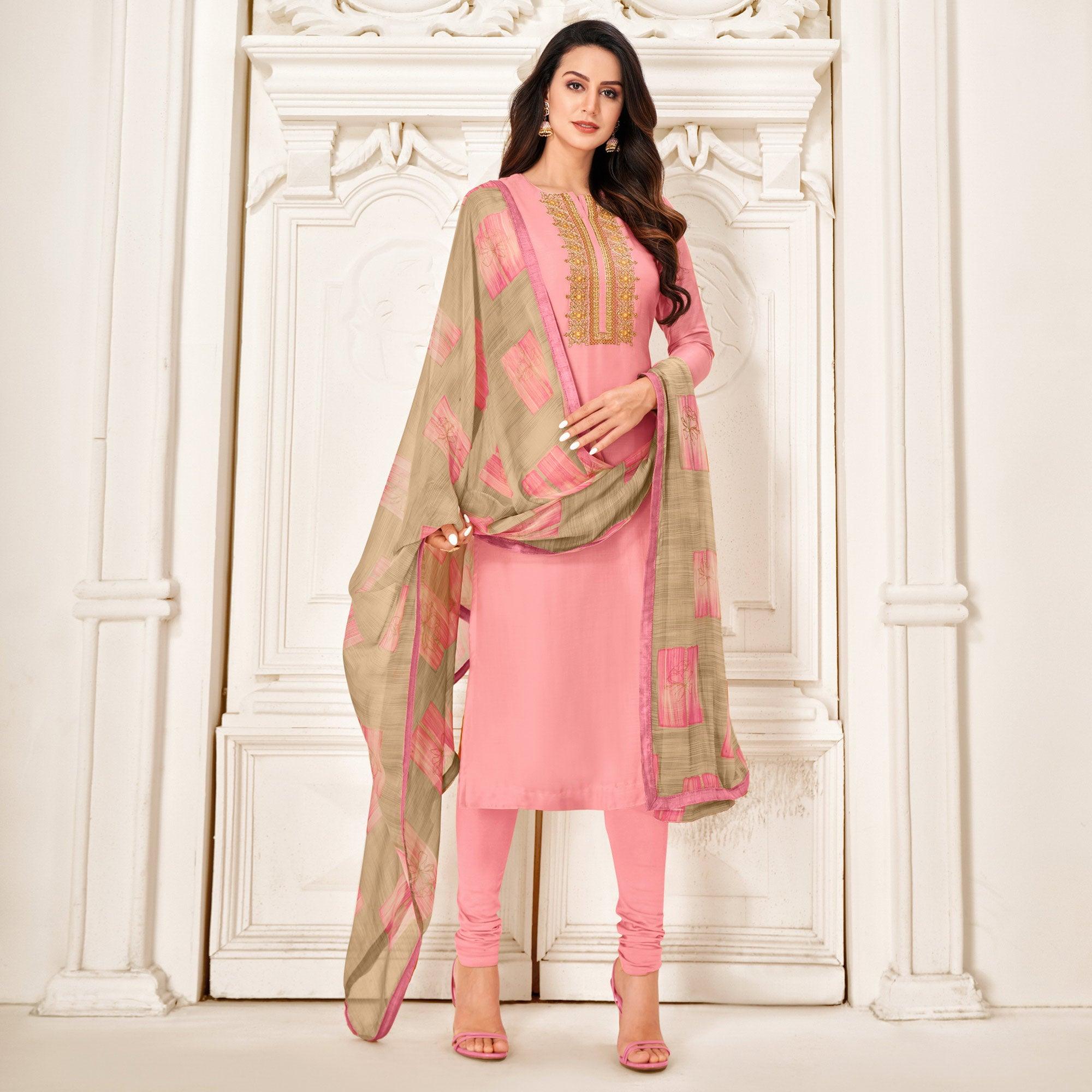 Radiant Pink Colored Casual Wear Embroidered Chanderi Dress Material - Peachmode