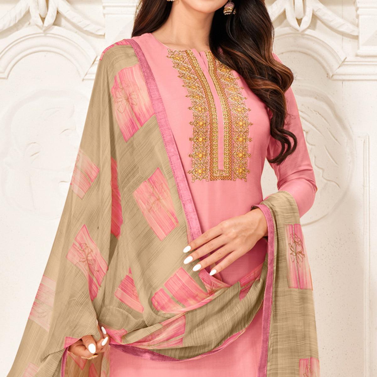 Radiant Pink Colored Casual Wear Embroidered Chanderi Dress Material - Peachmode