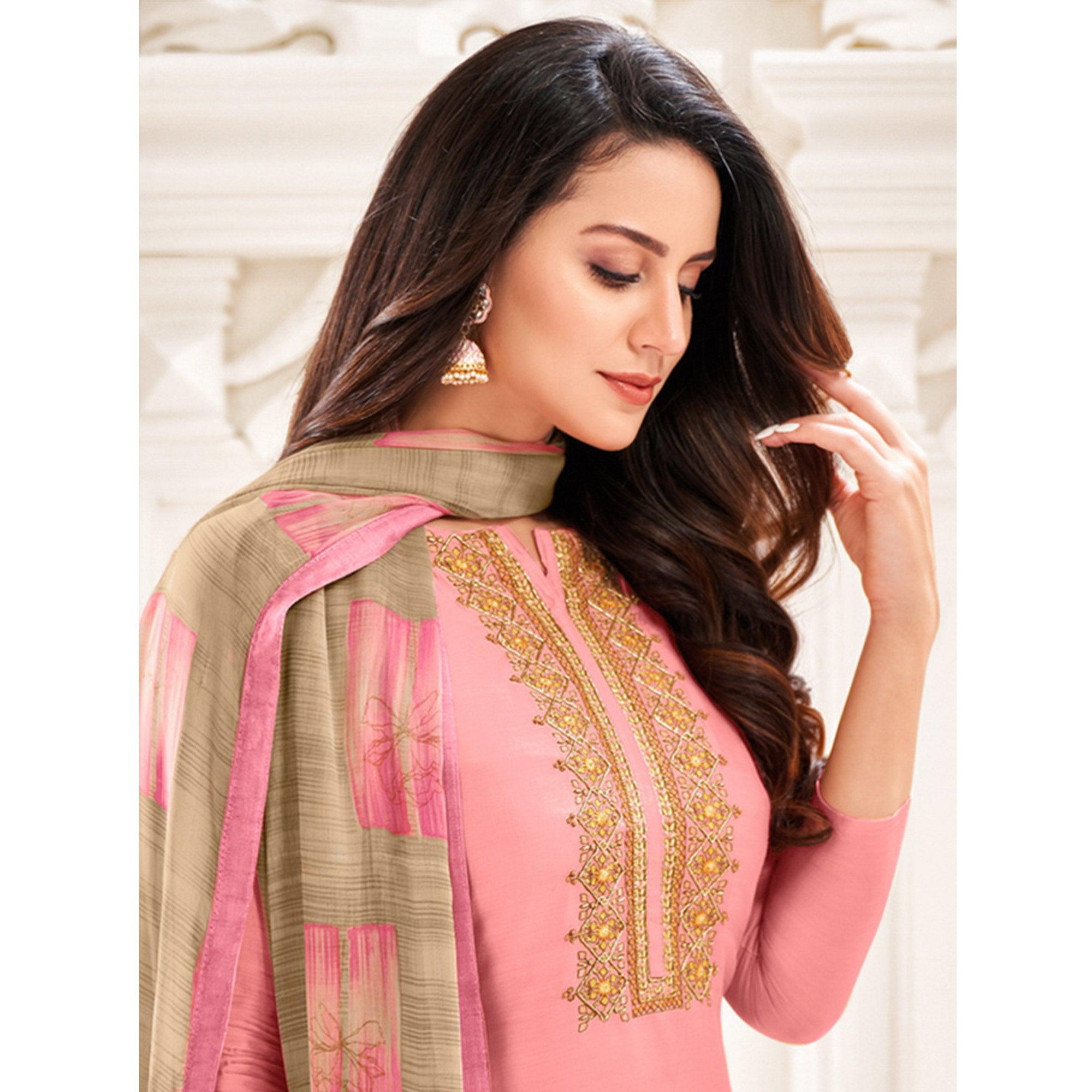 Radiant Pink Colored Casual Wear Embroidered Chanderi Dress Material - Peachmode