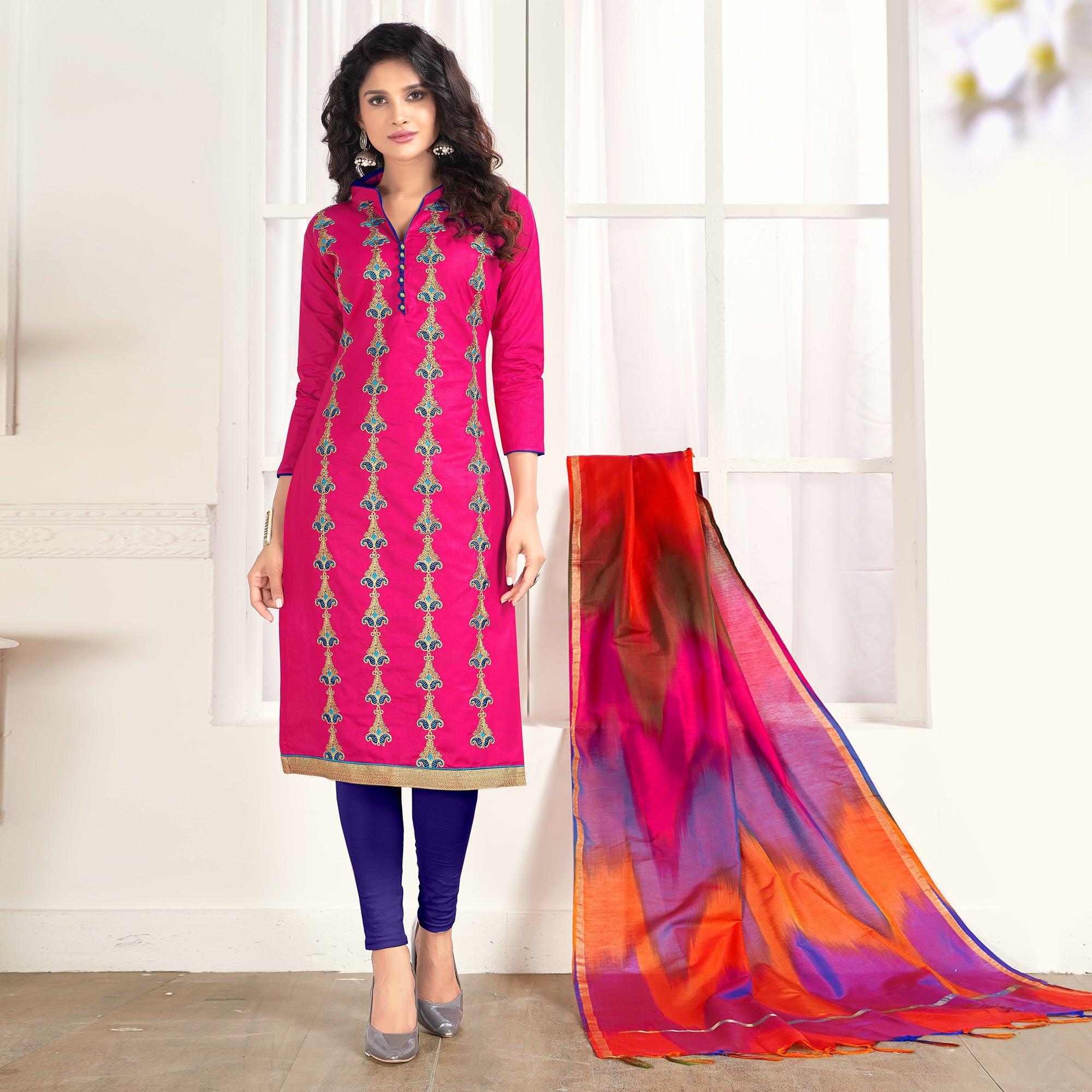 Radiant Pink Colored Casual Wear Embroidered Salwar Suit - Peachmode