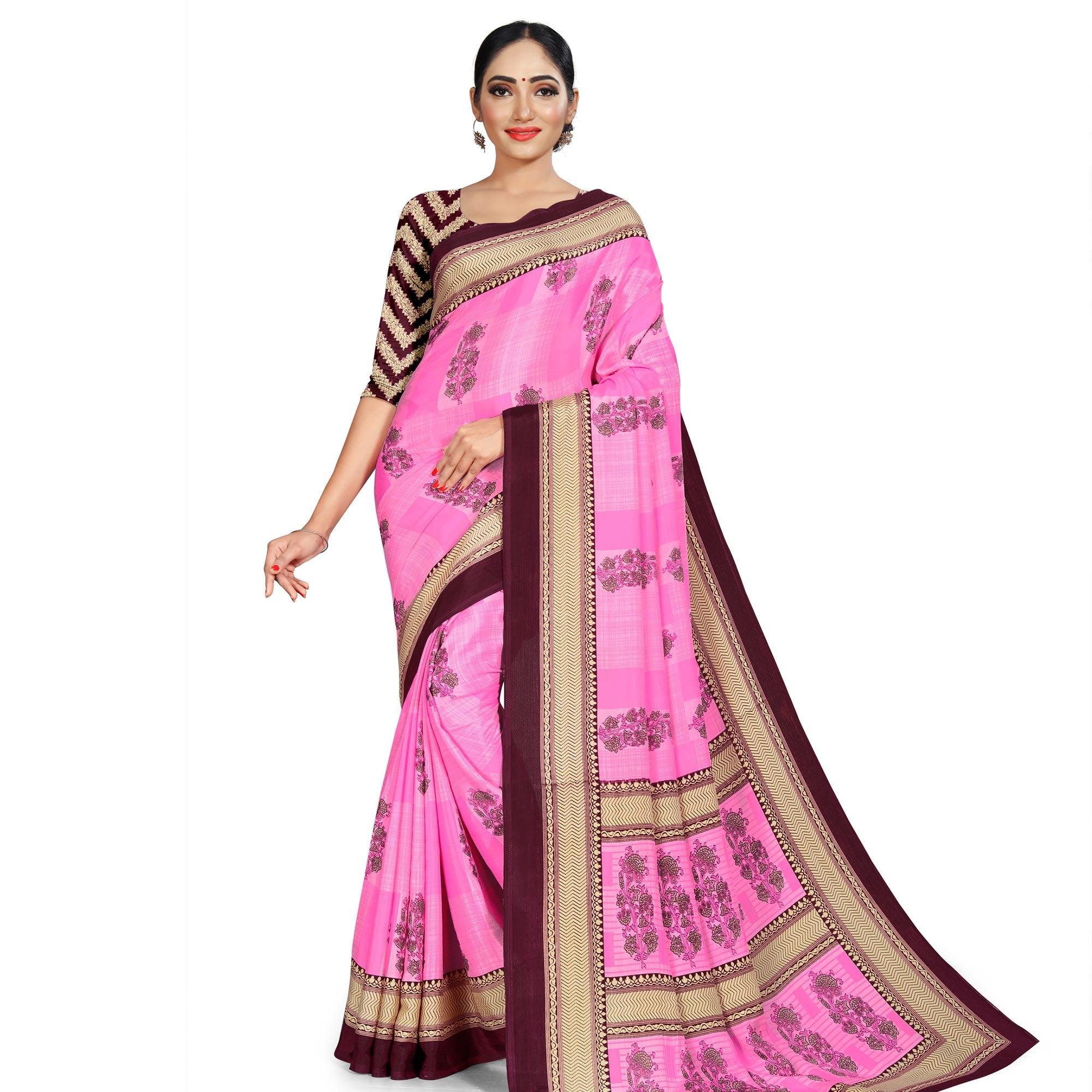 Radiant Pink Colored Casual Wear Printed Crepe Saree - Peachmode