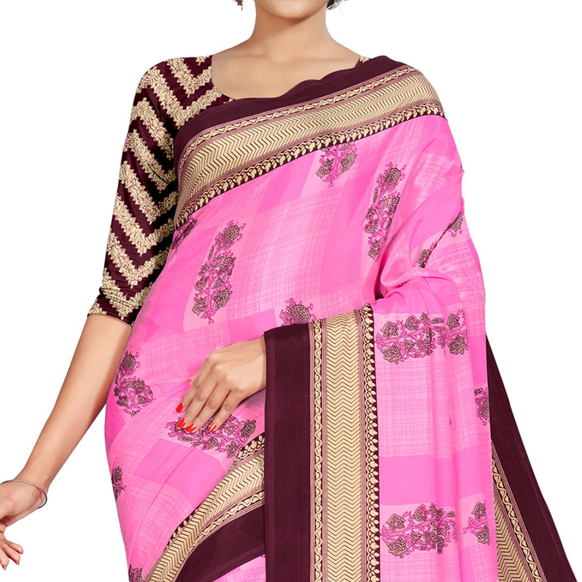 Radiant Pink Colored Casual Wear Printed Crepe Saree - Peachmode