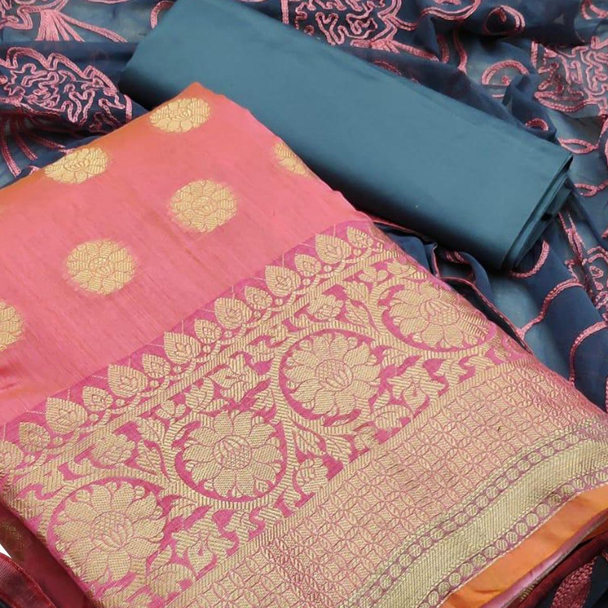 Radiant Pink Colored Casual Wear Woven Banarasi Silk Dress Material - Peachmode