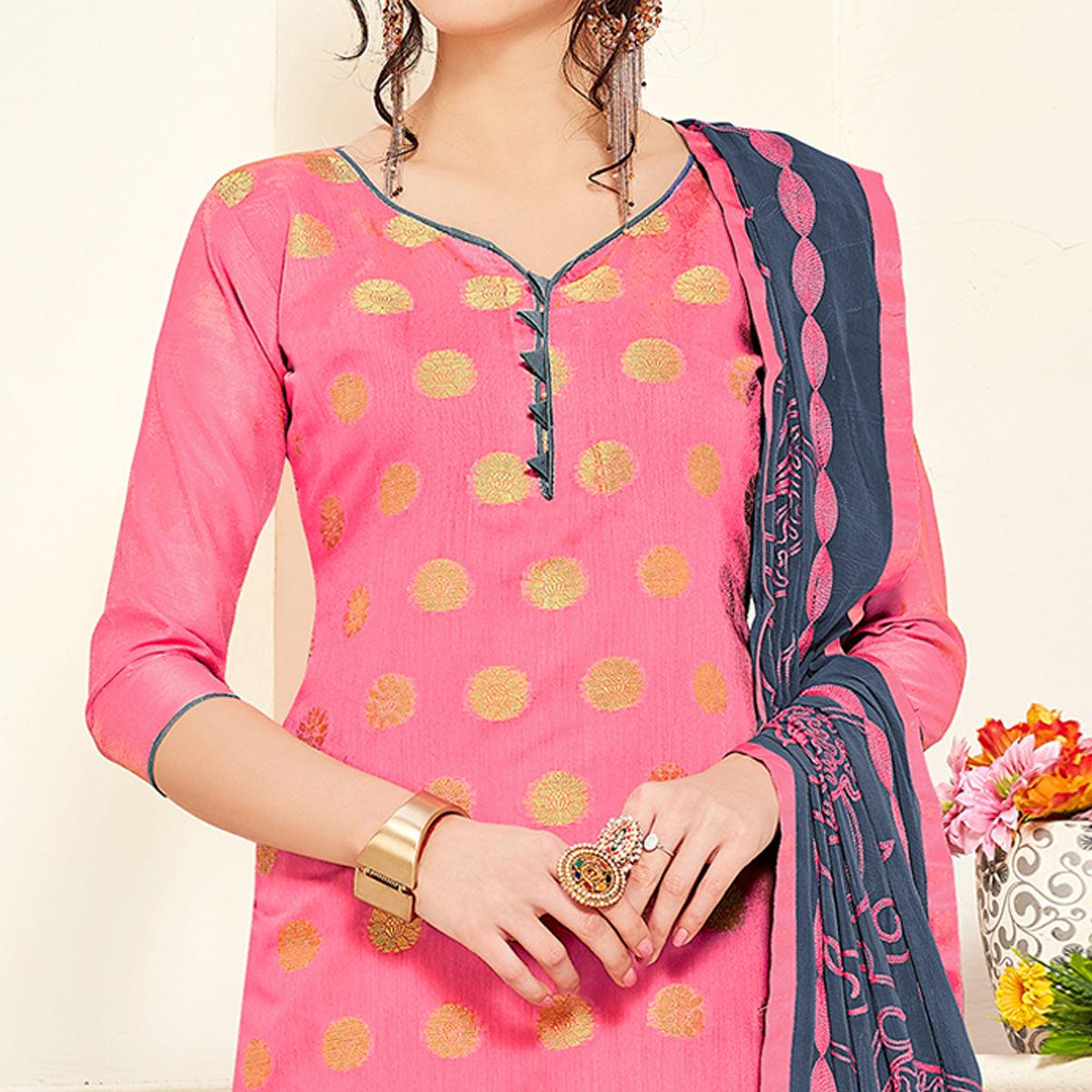Radiant Pink Colored Casual Wear Woven Banarasi Silk Dress Material - Peachmode