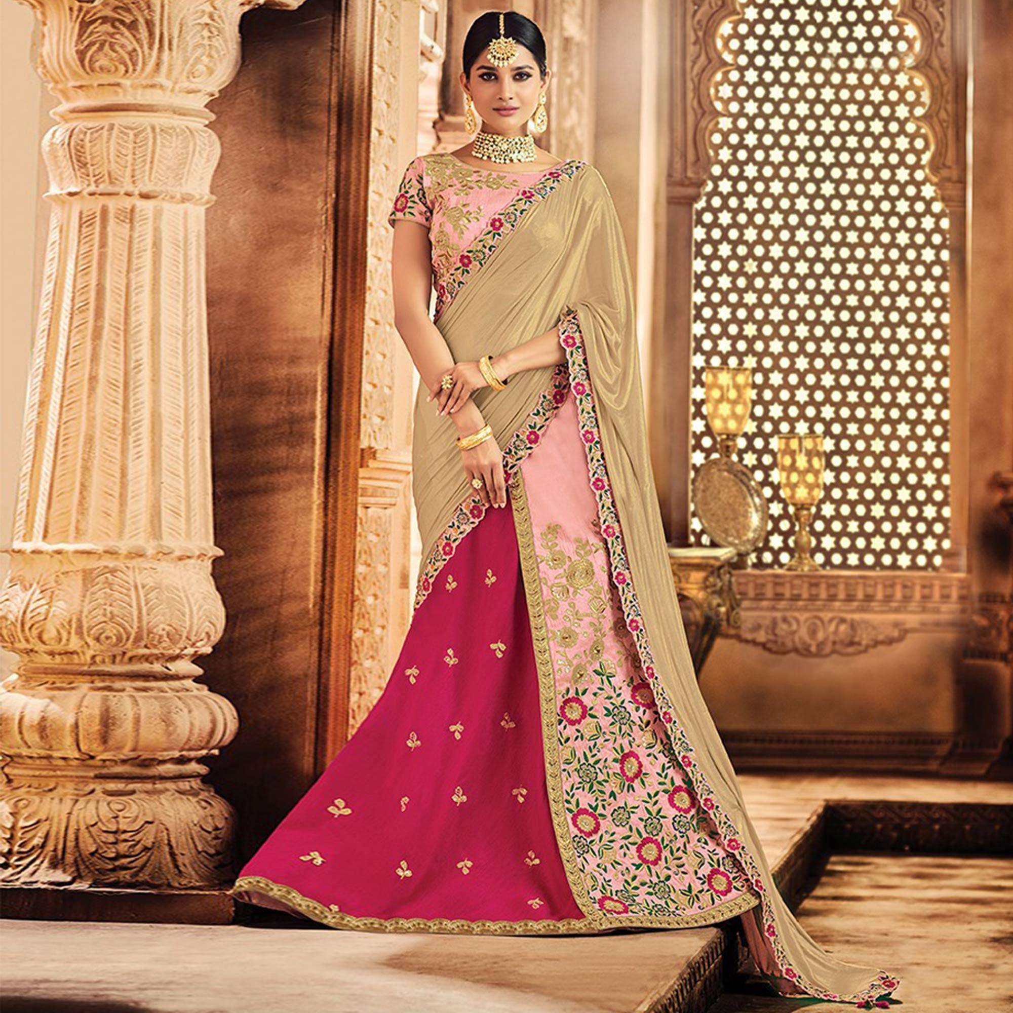 Radiant Pink Colored Designer Embroidered Wedding Wear Raw Silk Lehenga Saree - Peachmode