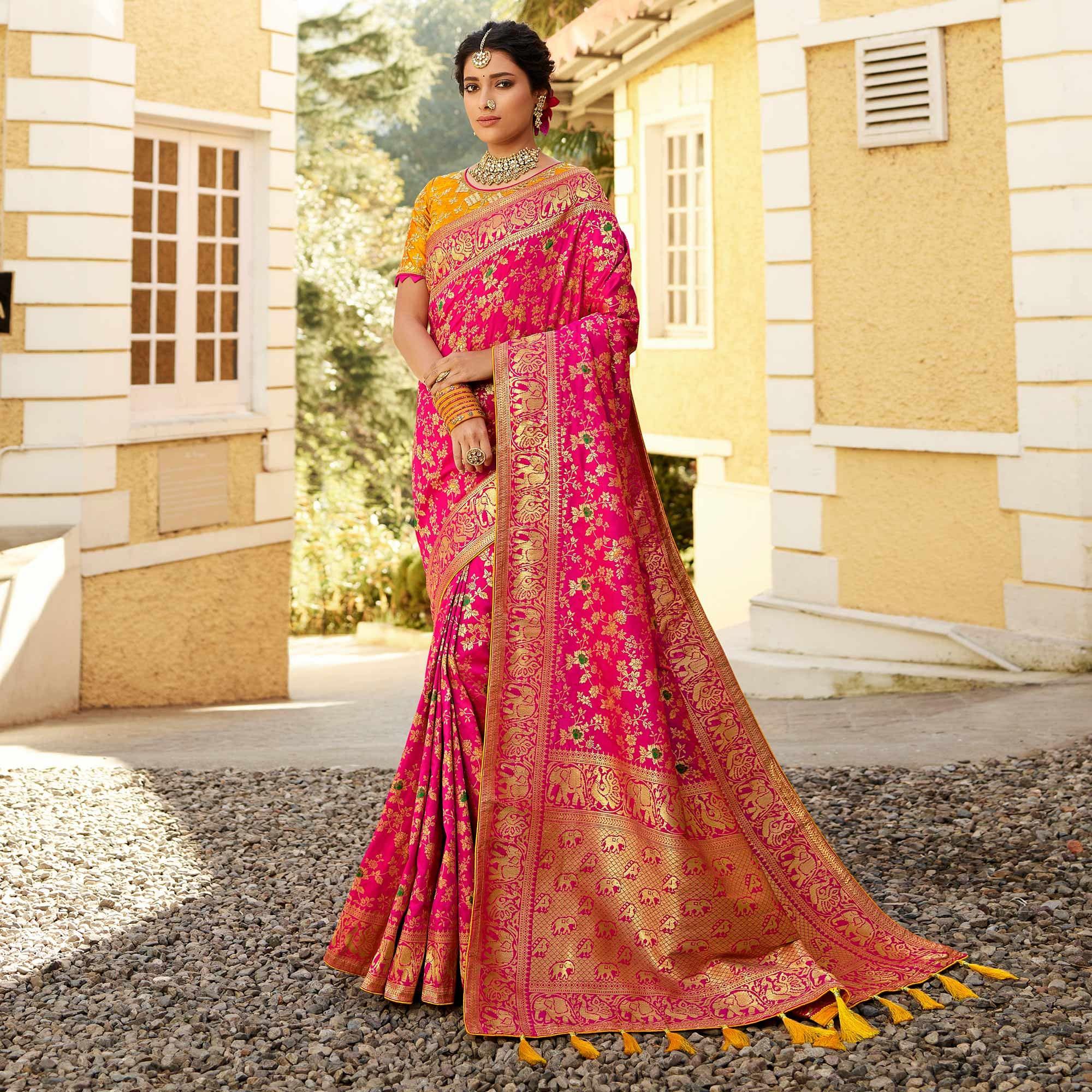 Radiant Pink Colored Festive Wear Woven Banarasi Silk Saree With Tassels - Peachmode
