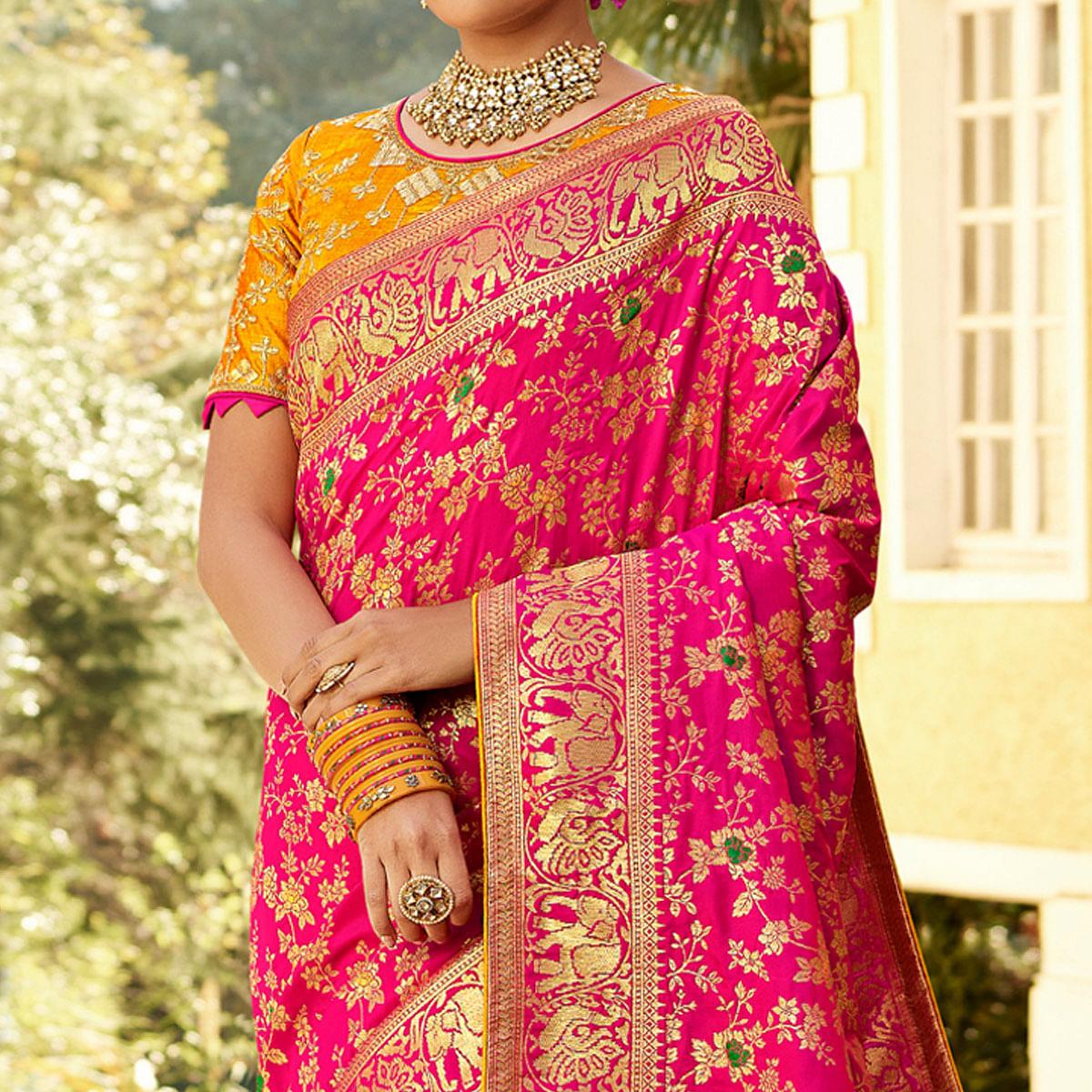Radiant Pink Colored Festive Wear Woven Banarasi Silk Saree With Tassels - Peachmode
