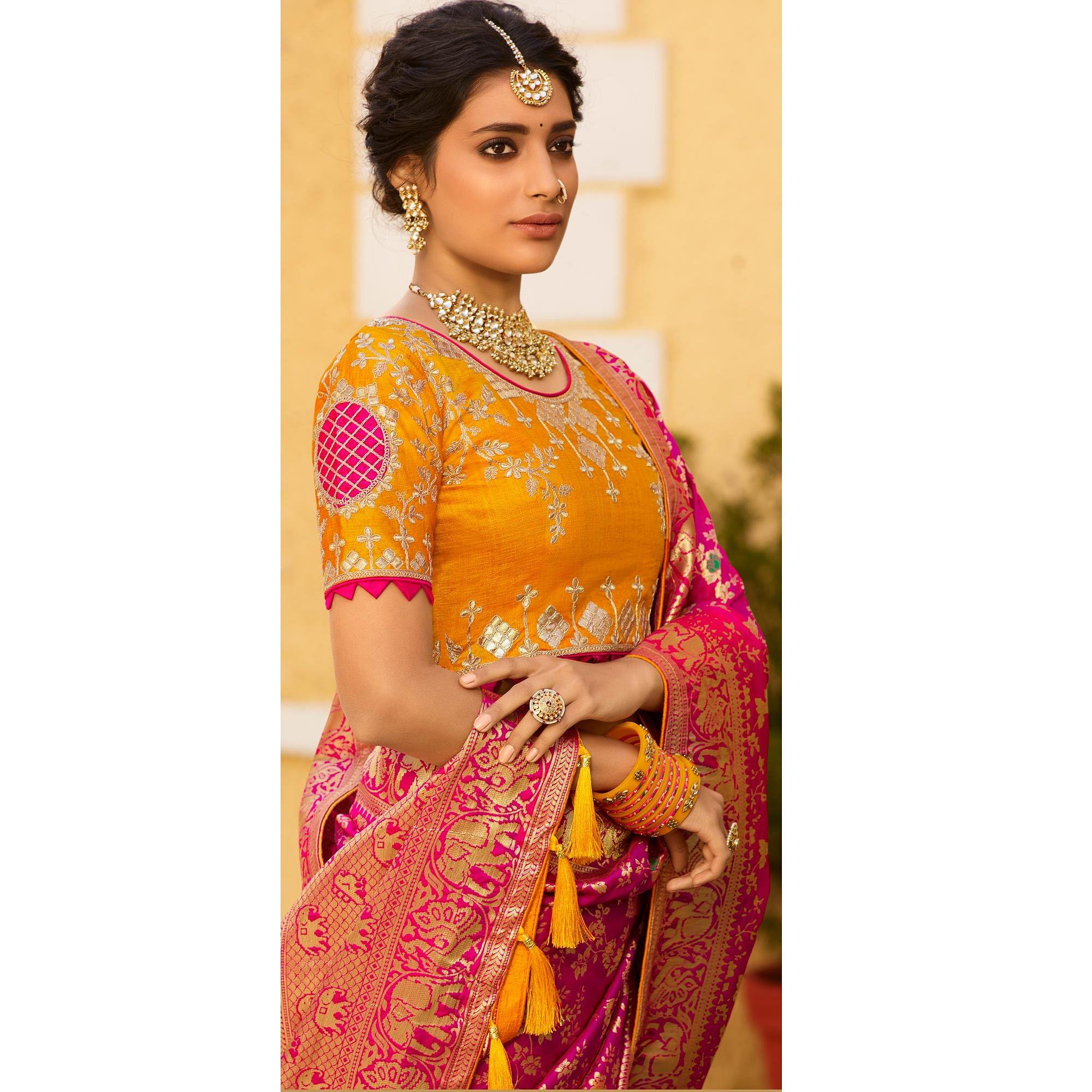 Radiant Pink Colored Festive Wear Woven Banarasi Silk Saree With Tassels - Peachmode