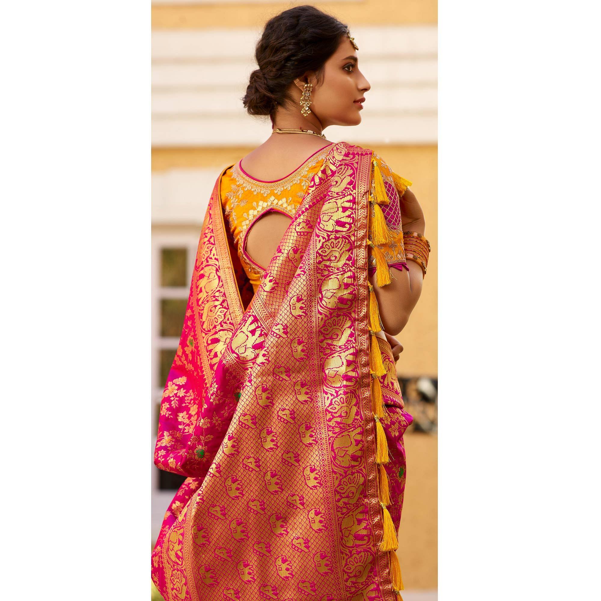 Radiant Pink Colored Festive Wear Woven Banarasi Silk Saree With Tassels - Peachmode