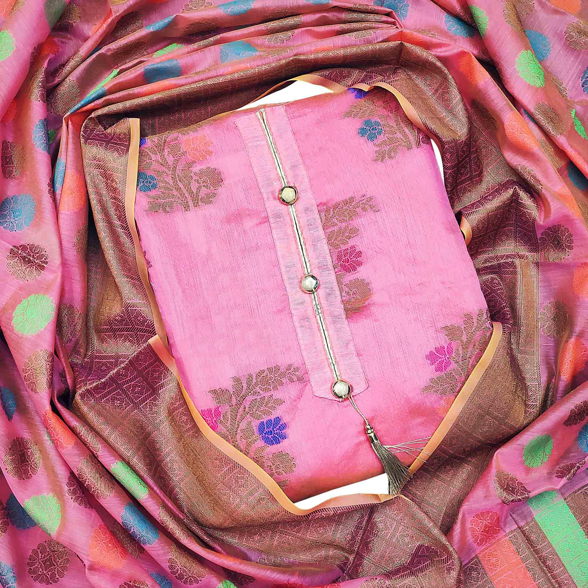 Radiant Pink Colored Festive Wear Woven Heavy Banarasi Silk Dress Material - Peachmode