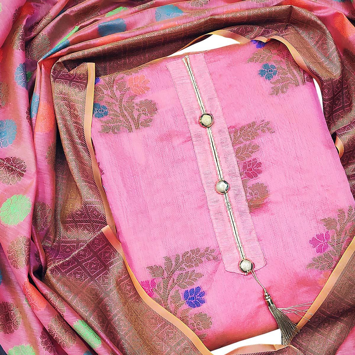 Radiant Pink Colored Festive Wear Woven Heavy Banarasi Silk Dress Material - Peachmode
