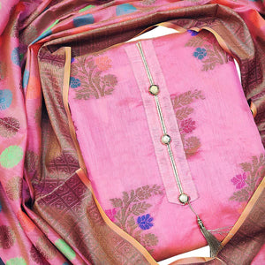 Radiant Pink Colored Festive Wear Woven Heavy Banarasi Silk Dress Material - Peachmode