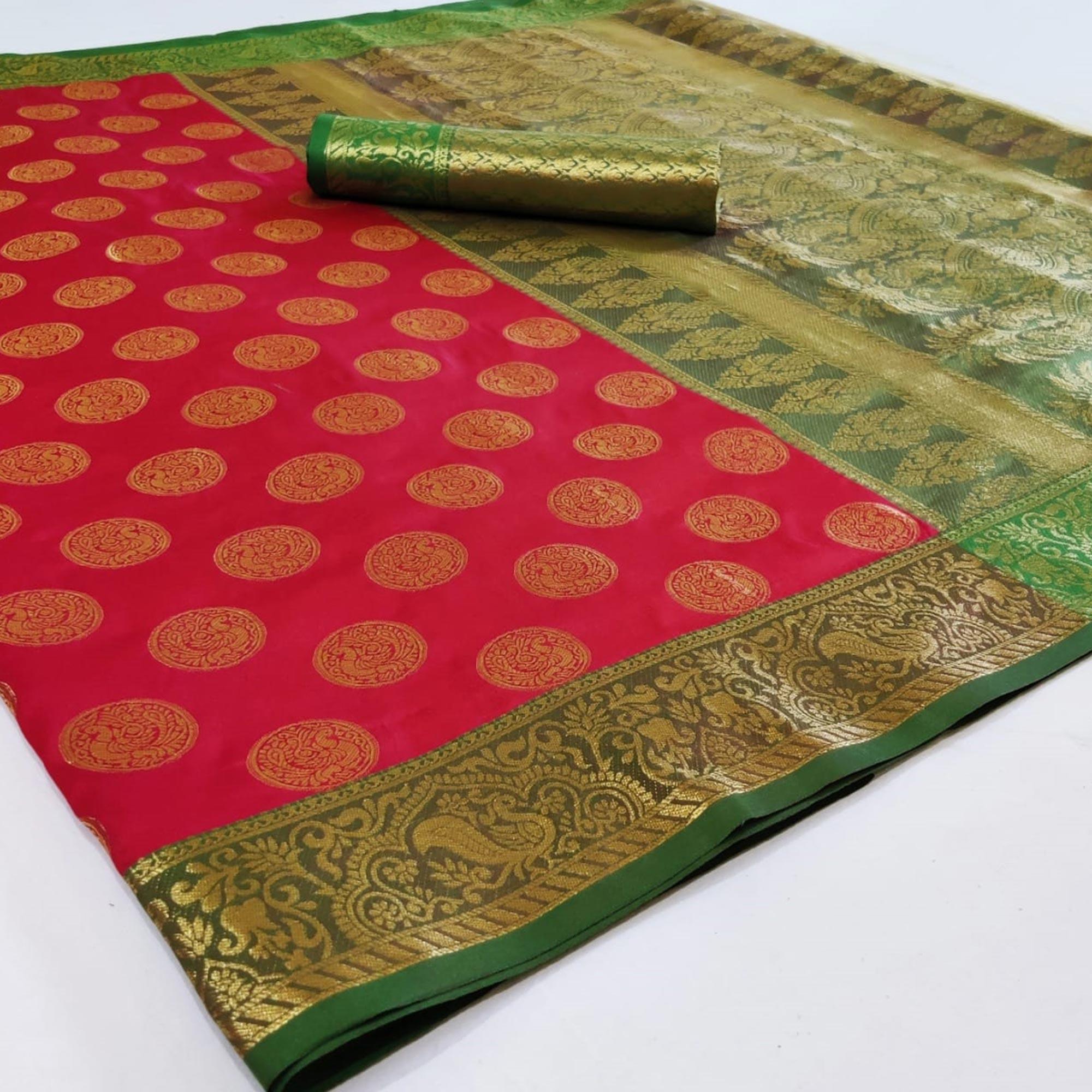 Radiant Pink Colored Festive Wear Woven Heavy Silk Saree - Peachmode