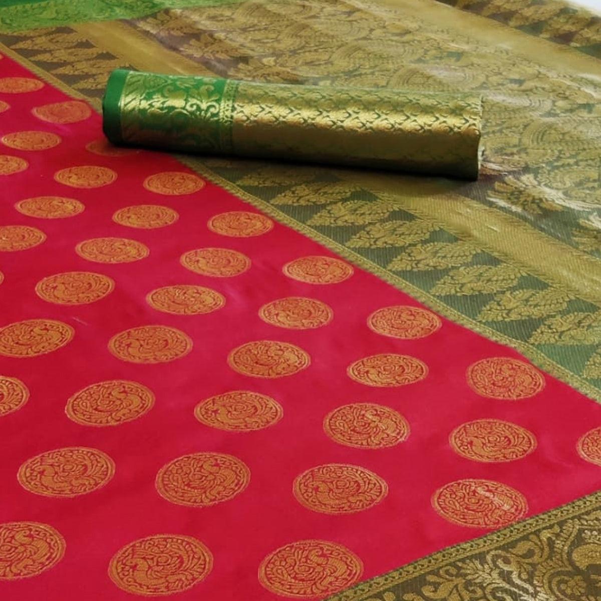 Radiant Pink Colored Festive Wear Woven Heavy Silk Saree - Peachmode