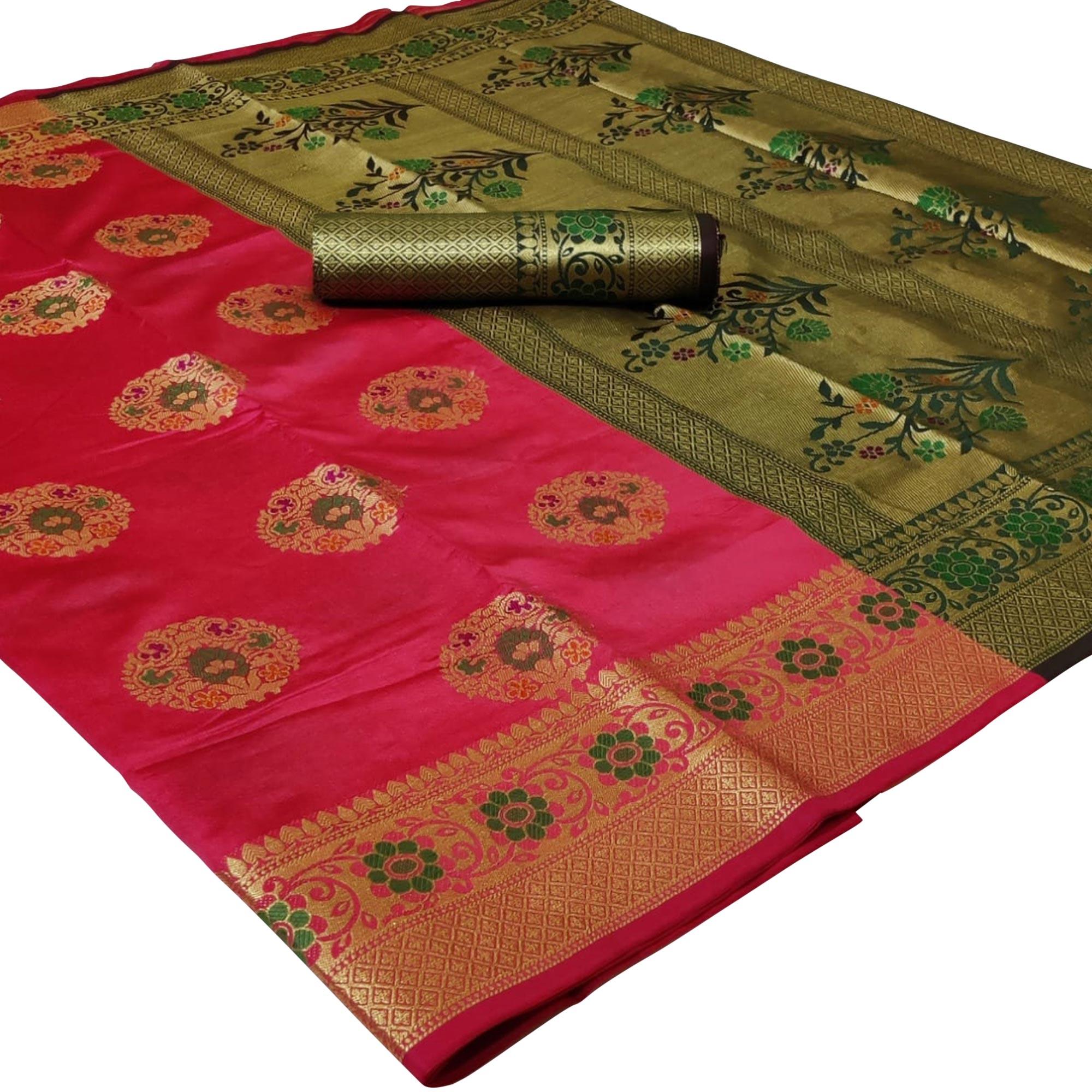 Radiant Pink Colored Festive Wear Woven Silk Saree - Peachmode