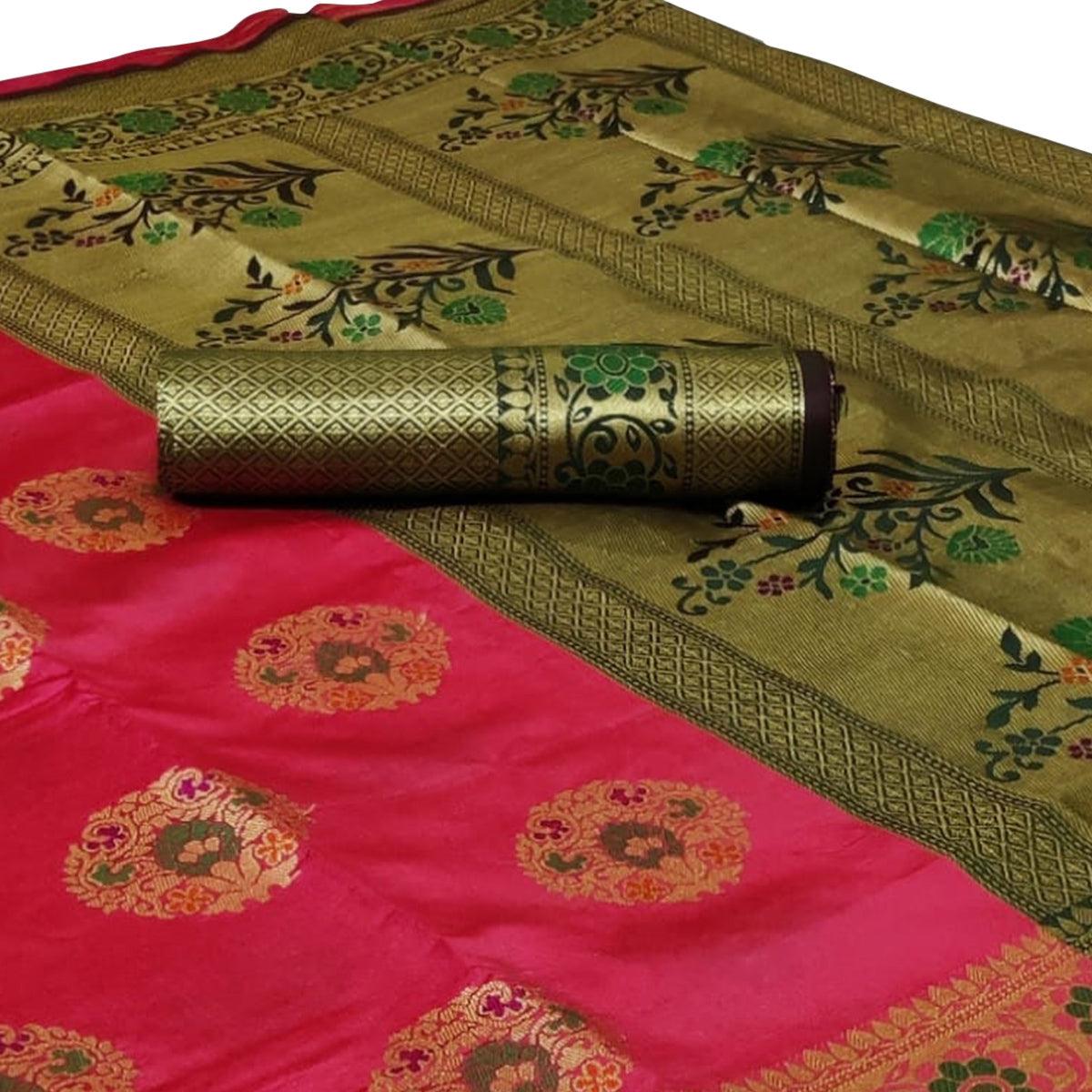 Radiant Pink Colored Festive Wear Woven Silk Saree - Peachmode